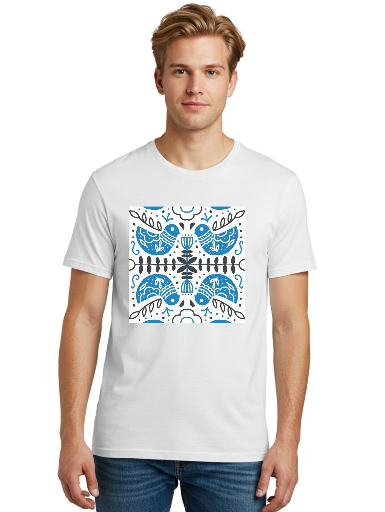 Blue-Birds-Pattern Men'S Graphic Tee, 100% Cotton, Comfortable Casual Summer Wear, Machine Washable, Symmetrical Pattern, Blue Birds, White And Black Accents, Floral Motifs, Traditional Folk Art, Ornate Details, Vintage Design, Aab666 29