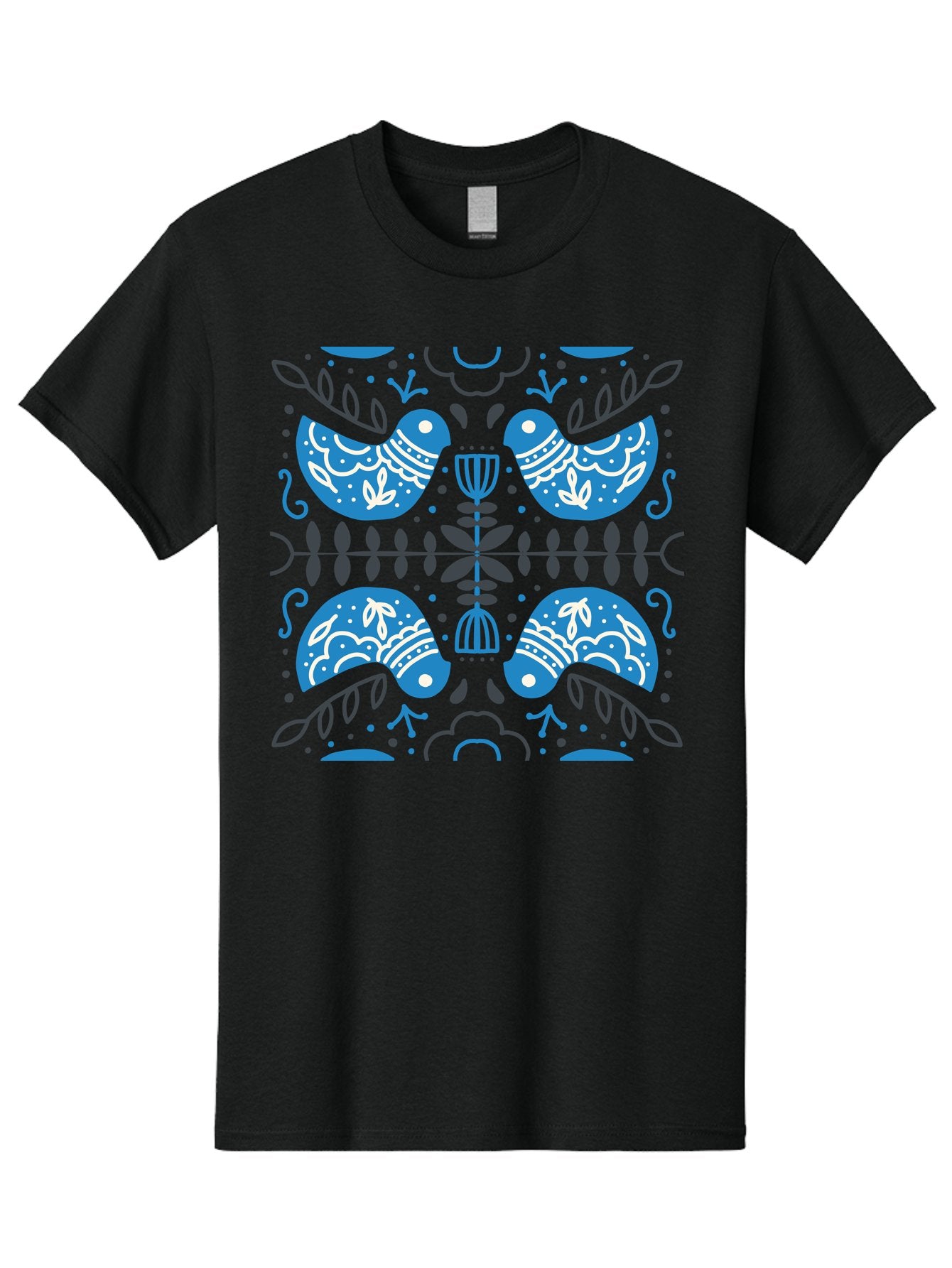 Blue-Birds Men'S Graphic Tee, 100% Cotton, Comfortable Casual Summer Wear, Machine Washable, Stylized Birds, Floral Patterns, Blue And White Illustrations, Leaf Motifs, Abstract Designs, Symmetrical Composition, Vintage Style, Folk Art Aab667 10