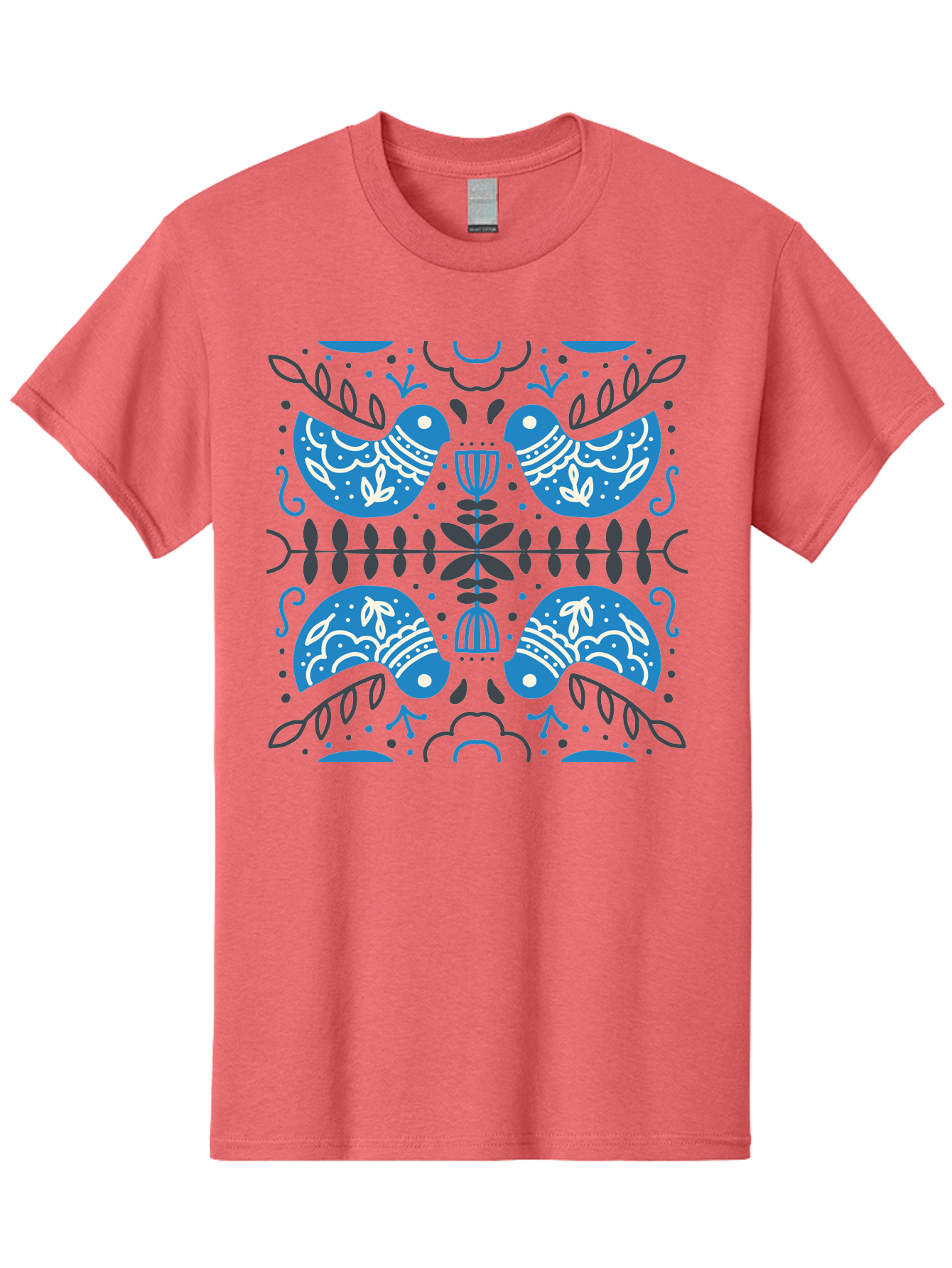 Blue-Birds Men'S Graphic Tee, 100% Cotton, Comfortable Casual Summer Wear, Machine Washable, Stylized Birds, Floral Patterns, Blue And White Illustrations, Leaf Motifs, Abstract Designs, Symmetrical Composition, Vintage Style, Folk Art Aab667 5