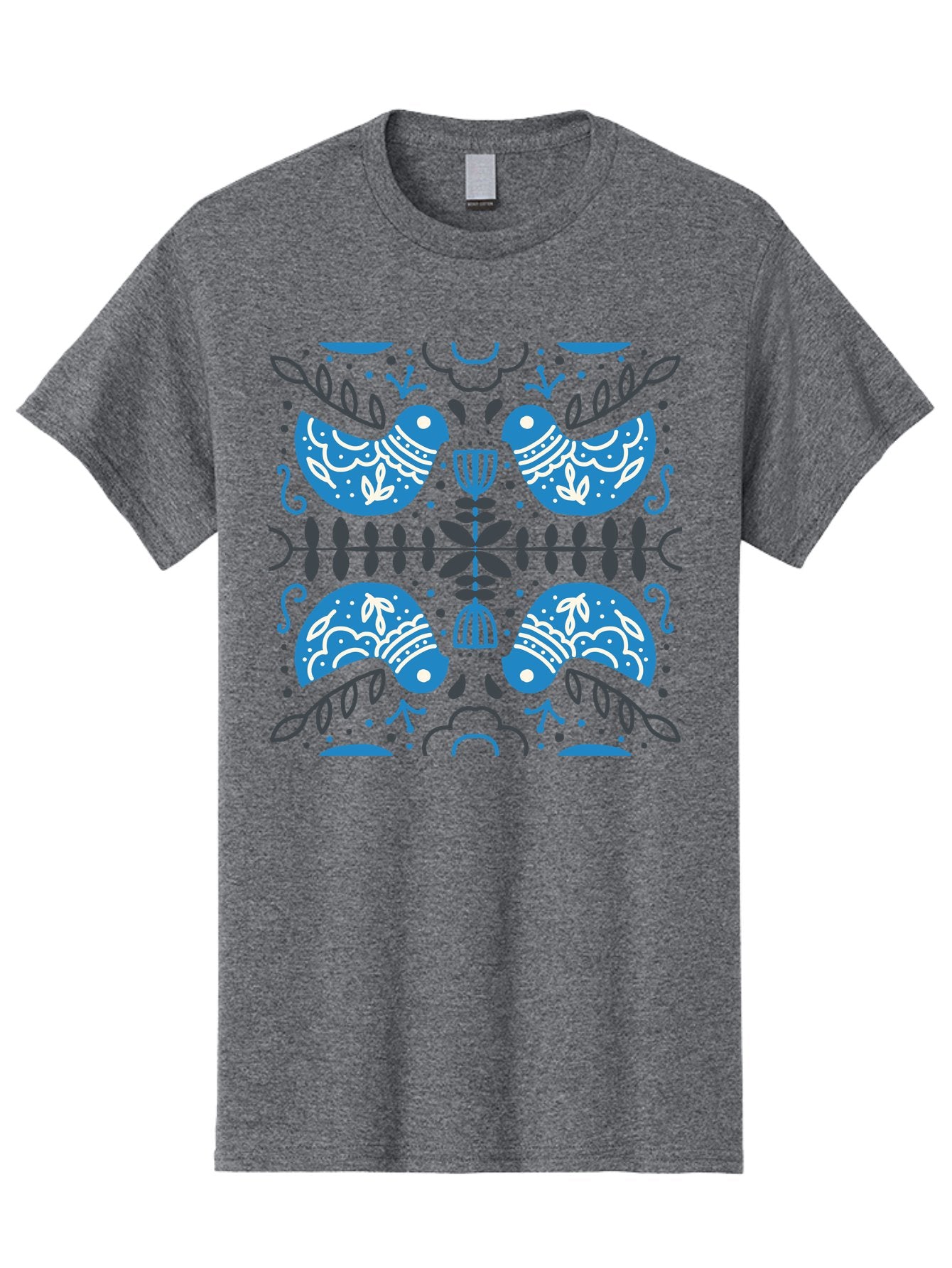 Blue-Birds Men'S Graphic Tee, 100% Cotton, Comfortable Casual Summer Wear, Machine Washable, Stylized Birds, Floral Patterns, Blue And White Illustrations, Leaf Motifs, Abstract Designs, Symmetrical Composition, Vintage Style, Folk Art Aab667 6