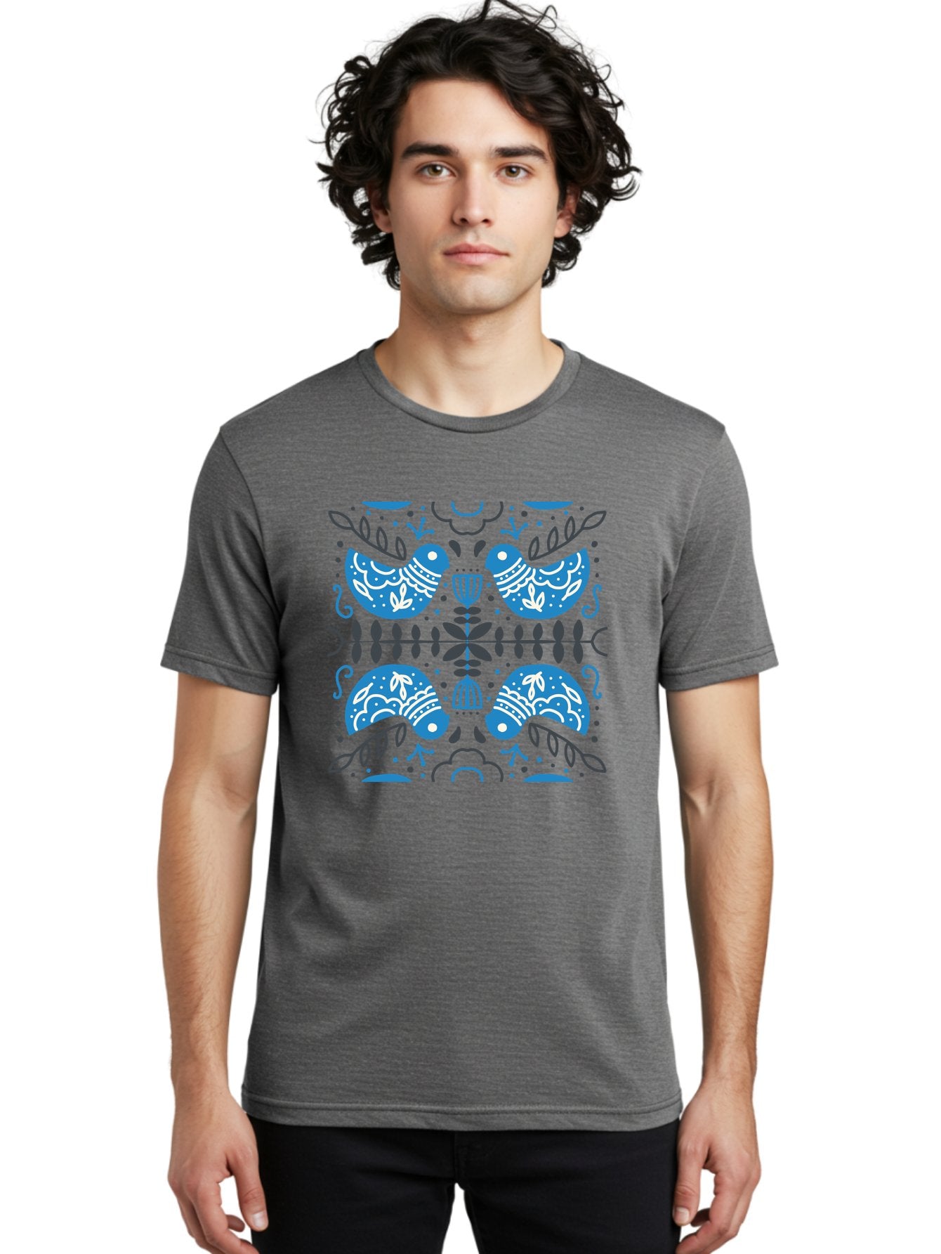 Blue-Birds Men'S Graphic Tee, 100% Cotton, Comfortable Casual Summer Wear, Machine Washable, Stylized Birds, Floral Patterns, Blue And White Illustrations, Leaf Motifs, Abstract Designs, Symmetrical Composition, Vintage Style, Folk Art Aab667 24