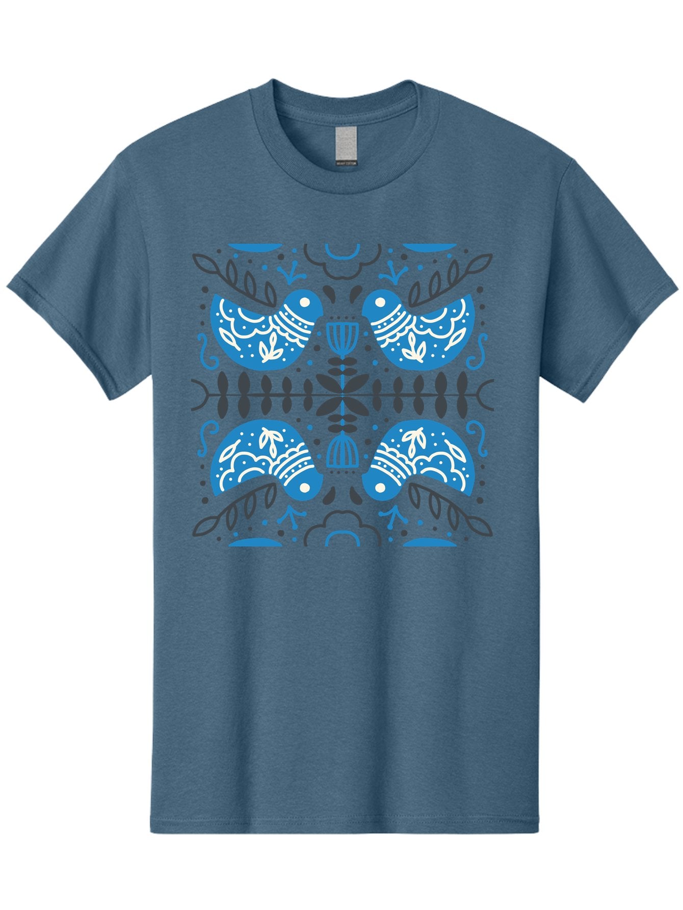 Blue-Birds Men'S Graphic Tee, 100% Cotton, Comfortable Casual Summer Wear, Machine Washable, Stylized Birds, Floral Patterns, Blue And White Illustrations, Leaf Motifs, Abstract Designs, Symmetrical Composition, Vintage Style, Folk Art Aab667