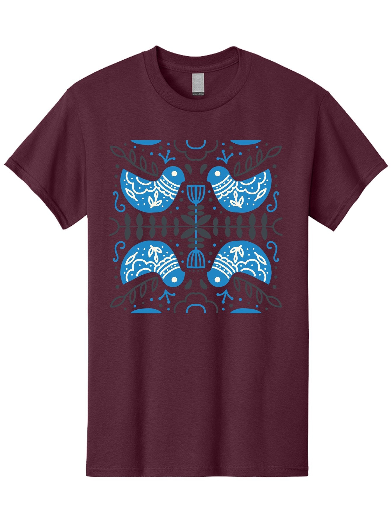 Blue-Birds Men'S Graphic Tee, 100% Cotton, Comfortable Casual Summer Wear, Machine Washable, Stylized Birds, Floral Patterns, Blue And White Illustrations, Leaf Motifs, Abstract Designs, Symmetrical Composition, Vintage Style, Folk Art Aab667 4