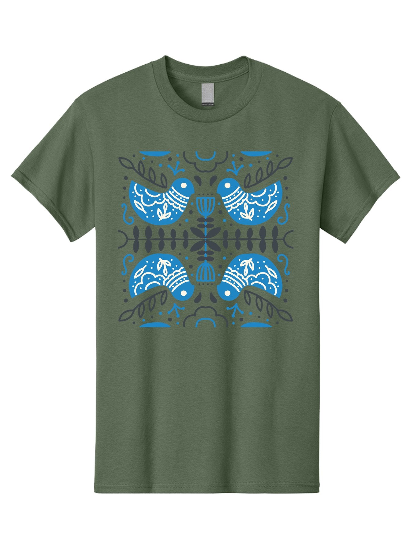 Blue-Birds Men'S Graphic Tee, 100% Cotton, Comfortable Casual Summer Wear, Machine Washable, Stylized Birds, Floral Patterns, Blue And White Illustrations, Leaf Motifs, Abstract Designs, Symmetrical Composition, Vintage Style, Folk Art Aab667 11