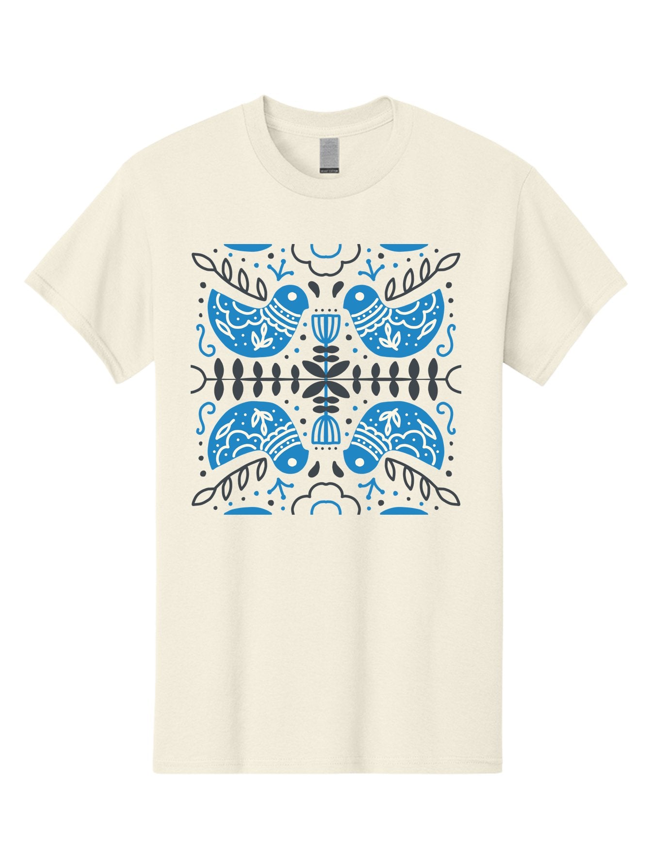 Blue-Birds Men'S Graphic Tee, 100% Cotton, Comfortable Casual Summer Wear, Machine Washable, Stylized Birds, Floral Patterns, Blue And White Illustrations, Leaf Motifs, Abstract Designs, Symmetrical Composition, Vintage Style, Folk Art Aab667 9