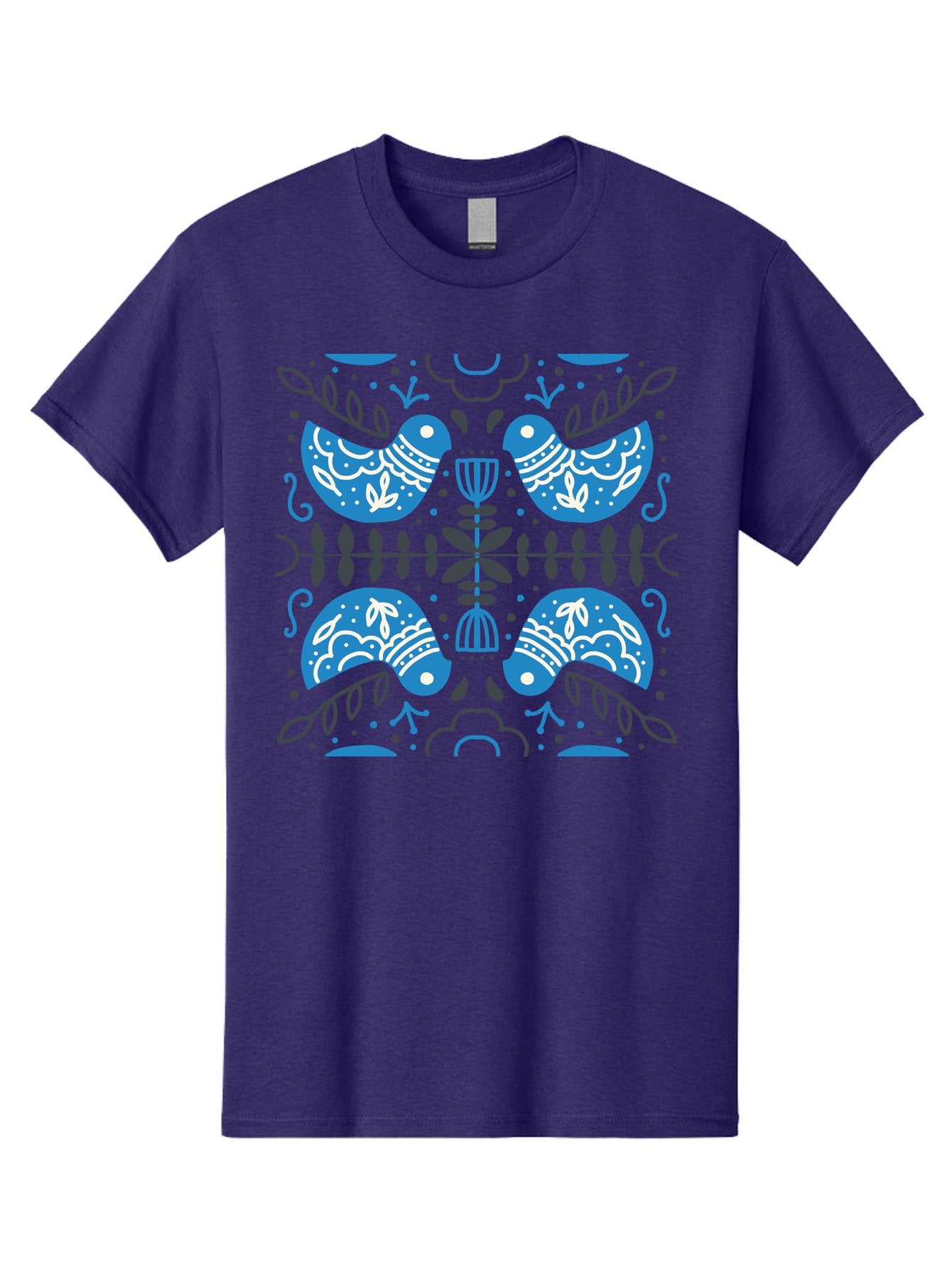 Blue-Birds Men'S Graphic Tee, 100% Cotton, Comfortable Casual Summer Wear, Machine Washable, Stylized Birds, Floral Patterns, Blue And White Illustrations, Leaf Motifs, Abstract Designs, Symmetrical Composition, Vintage Style, Folk Art Aab667 13