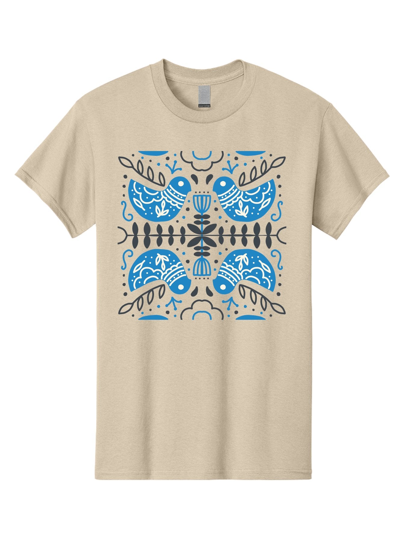 Blue-Birds Men'S Graphic Tee, 100% Cotton, Comfortable Casual Summer Wear, Machine Washable, Stylized Birds, Floral Patterns, Blue And White Illustrations, Leaf Motifs, Abstract Designs, Symmetrical Composition, Vintage Style, Folk Art Aab667 8