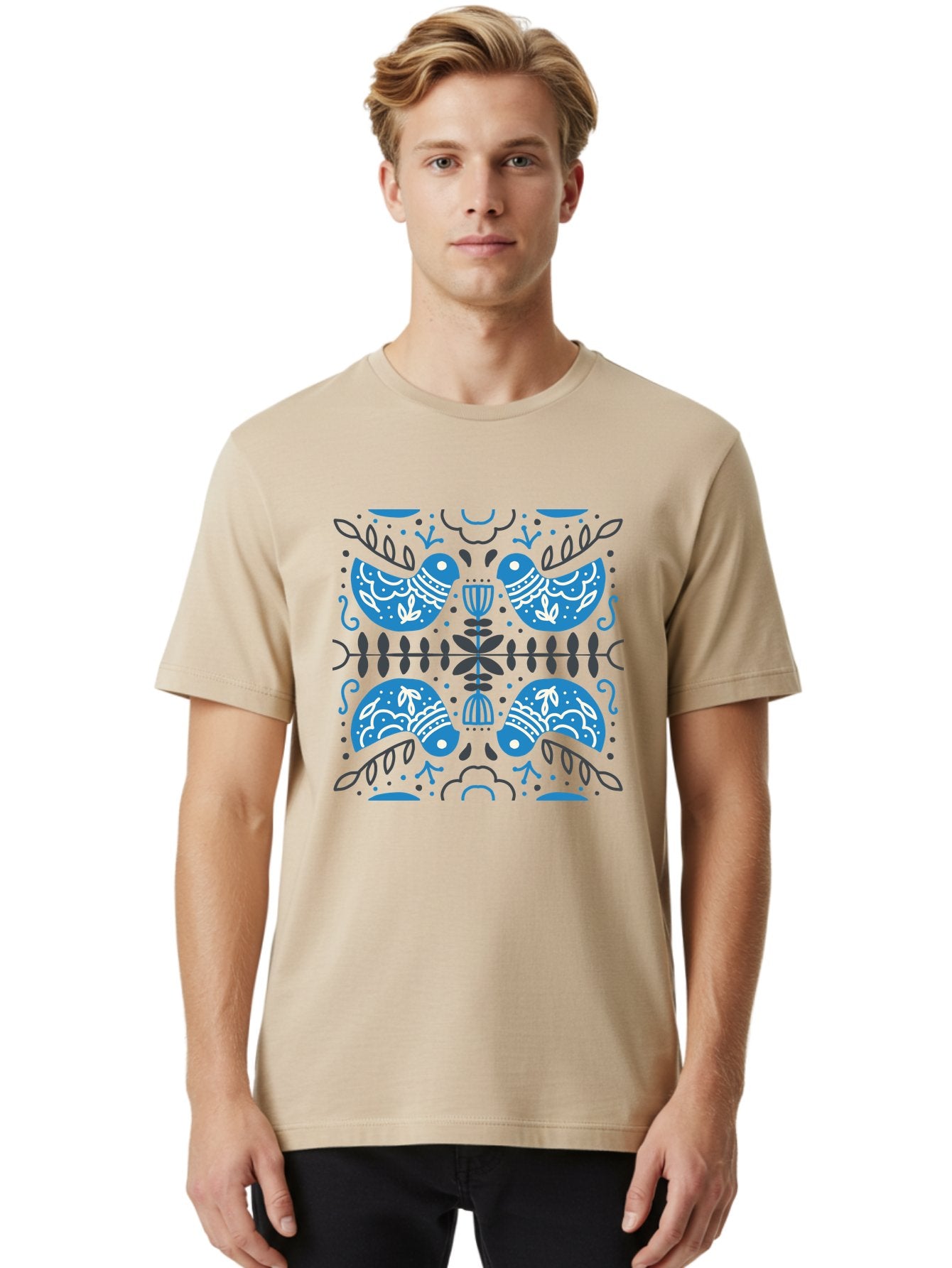 Blue-Birds Men'S Graphic Tee, 100% Cotton, Comfortable Casual Summer Wear, Machine Washable, Stylized Birds, Floral Patterns, Blue And White Illustrations, Leaf Motifs, Abstract Designs, Symmetrical Composition, Vintage Style, Folk Art Aab667 25