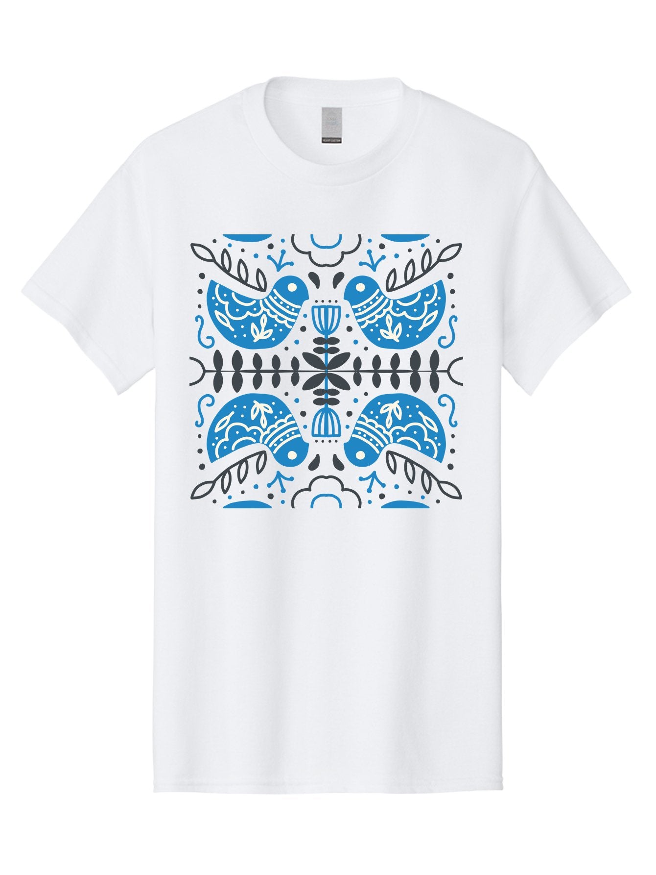 Blue-Birds Men'S Graphic Tee, 100% Cotton, Comfortable Casual Summer Wear, Machine Washable, Stylized Birds, Floral Patterns, Blue And White Illustrations, Leaf Motifs, Abstract Designs, Symmetrical Composition, Vintage Style, Folk Art Aab667 7