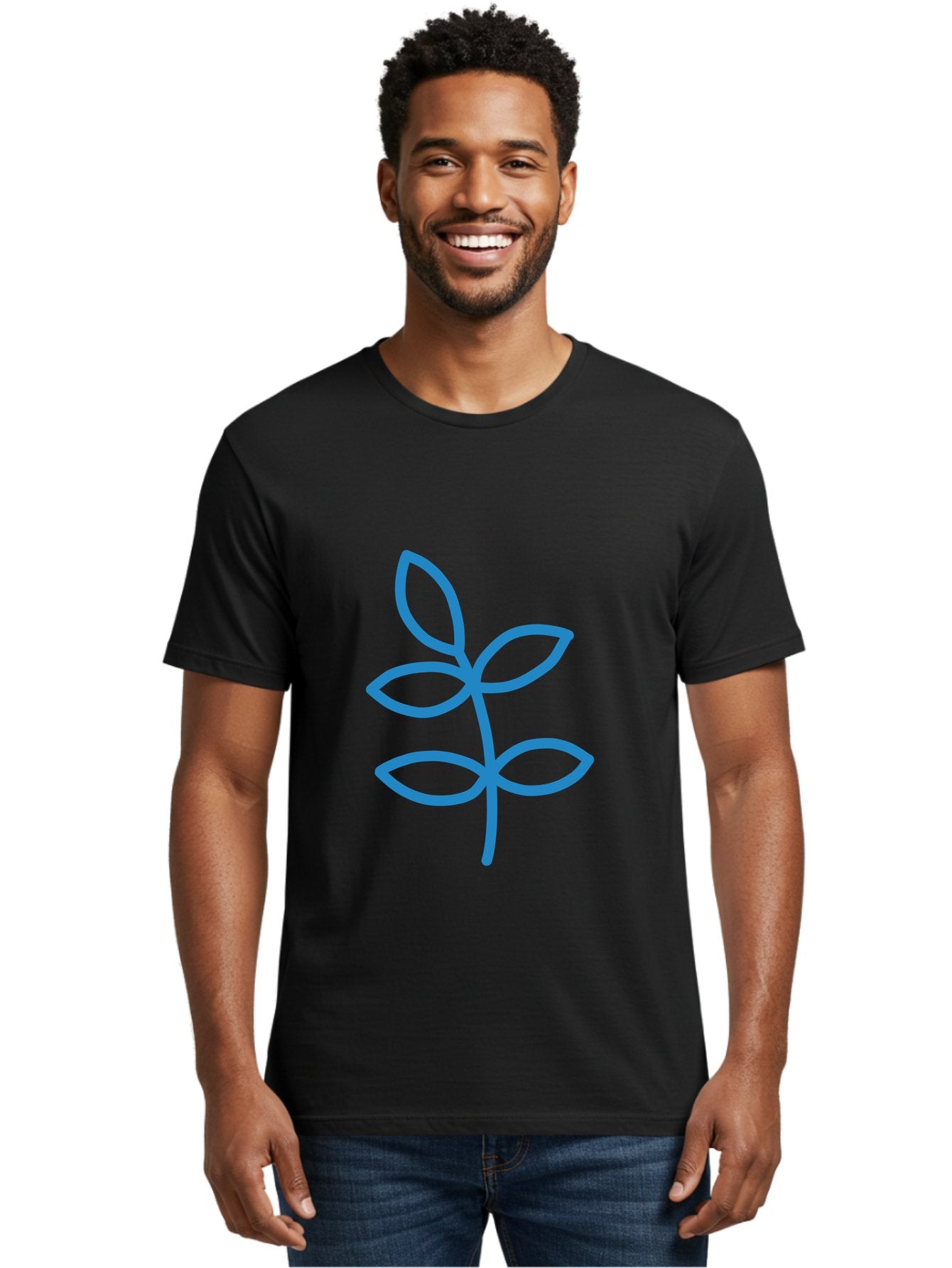 Blue-Leafy-Stem Men'S Graphic Tee, 100% Cotton, Comfortable Casual Summer Wear, Machine Washable, Simple Drawing, Blue Sprout, Five Leaves, Stem, Minimalist Design, Botanical Illustration, Hand-Drawn Art, Digital Art Aab669 23