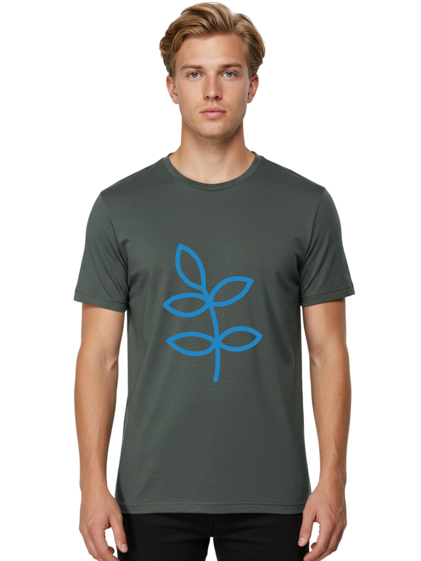 Blue-Leafy-Stem Men'S Graphic Tee, 100% Cotton, Comfortable Casual Summer Wear, Machine Washable, Simple Drawing, Blue Sprout, Five Leaves, Stem, Minimalist Design, Botanical Illustration, Hand-Drawn Art, Digital Art Aab669 29