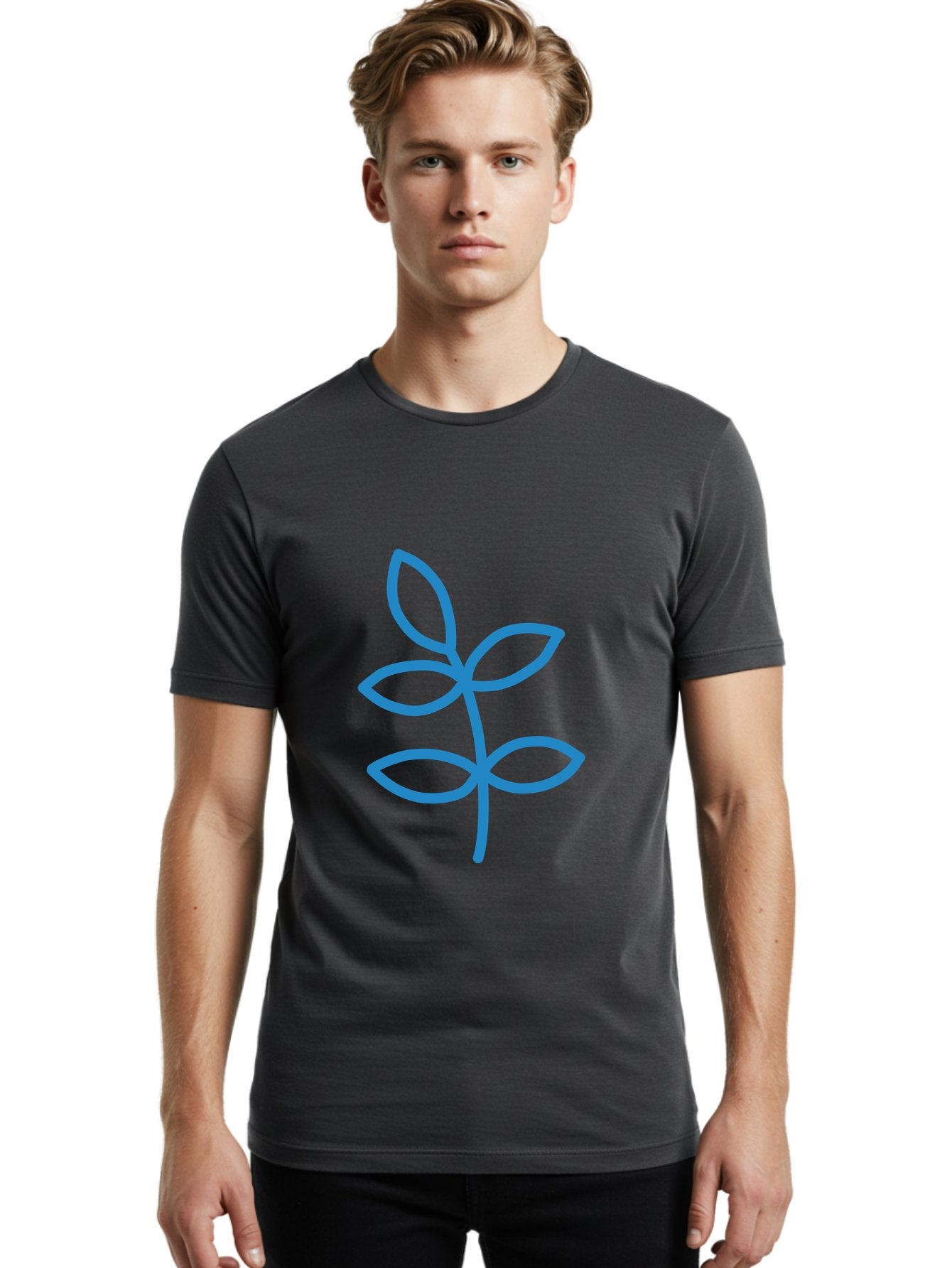 Blue-Leafy-Stem Men'S Graphic Tee, 100% Cotton, Comfortable Casual Summer Wear, Machine Washable, Simple Drawing, Blue Sprout, Five Leaves, Stem, Minimalist Design, Botanical Illustration, Hand-Drawn Art, Digital Art Aab669 21