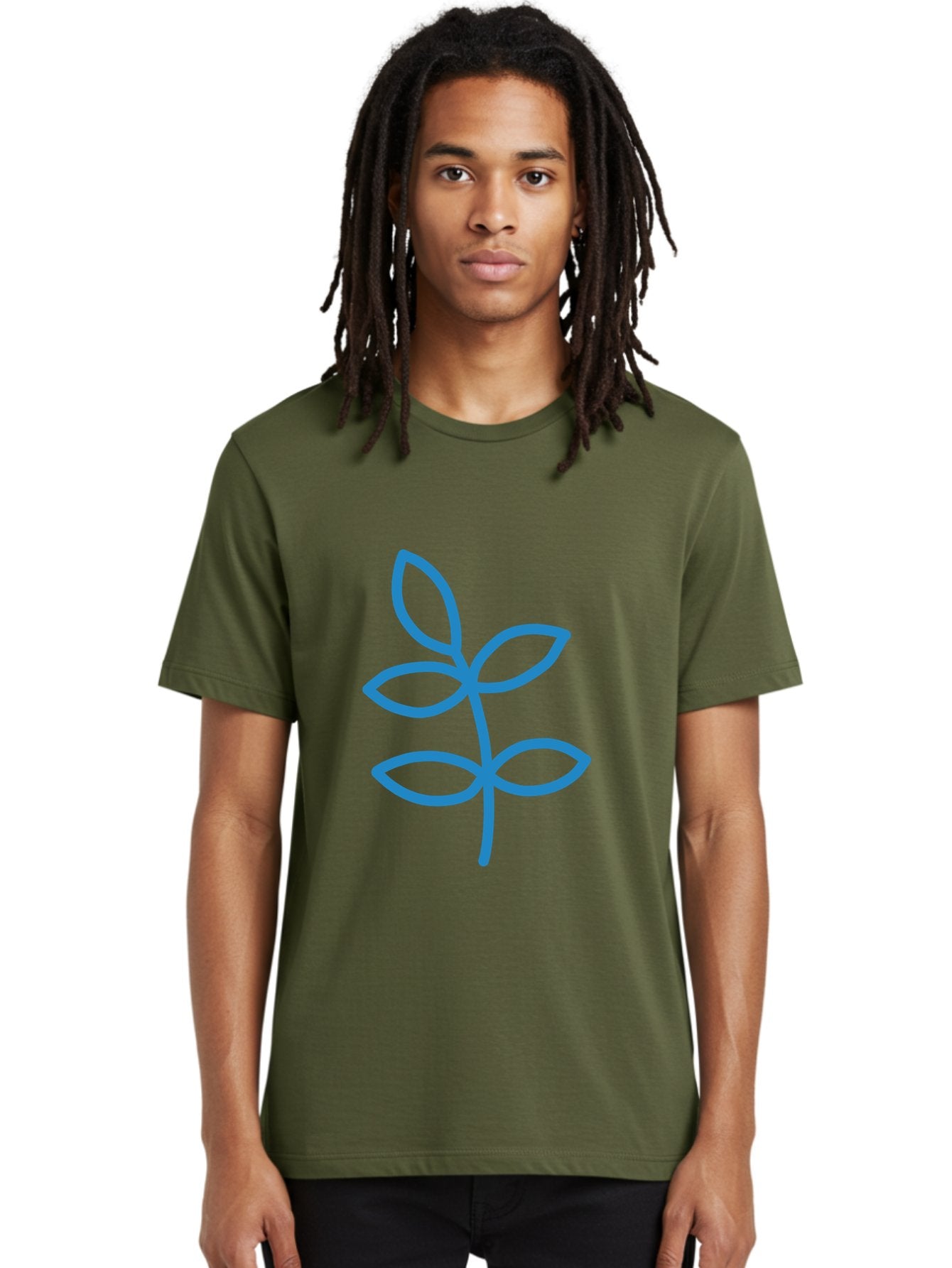 Blue-Leafy-Stem Men'S Graphic Tee, 100% Cotton, Comfortable Casual Summer Wear, Machine Washable, Simple Drawing, Blue Sprout, Five Leaves, Stem, Minimalist Design, Botanical Illustration, Hand-Drawn Art, Digital Art Aab669 17