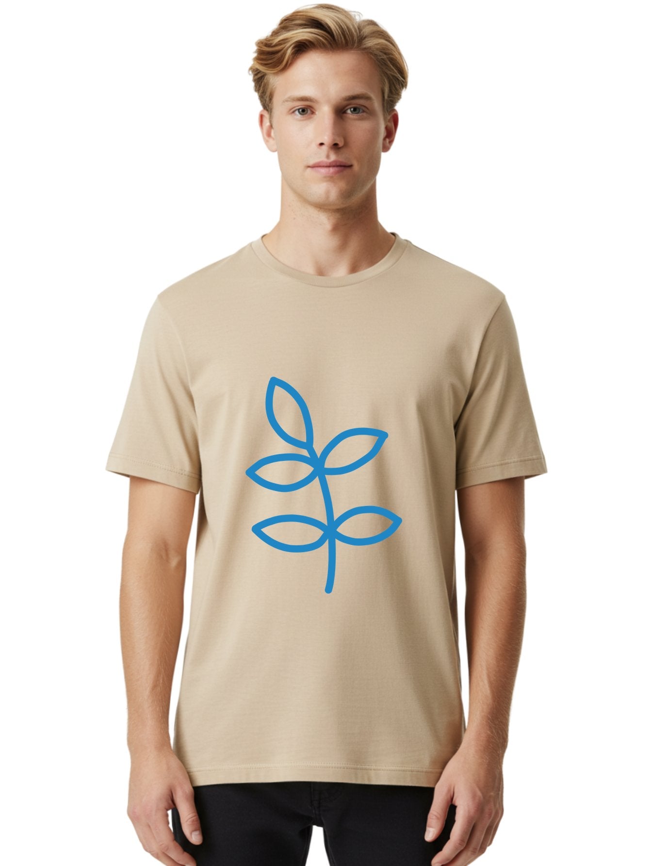 Blue-Leafy-Stem Men'S Graphic Tee, 100% Cotton, Comfortable Casual Summer Wear, Machine Washable, Simple Drawing, Blue Sprout, Five Leaves, Stem, Minimalist Design, Botanical Illustration, Hand-Drawn Art, Digital Art Aab669 22