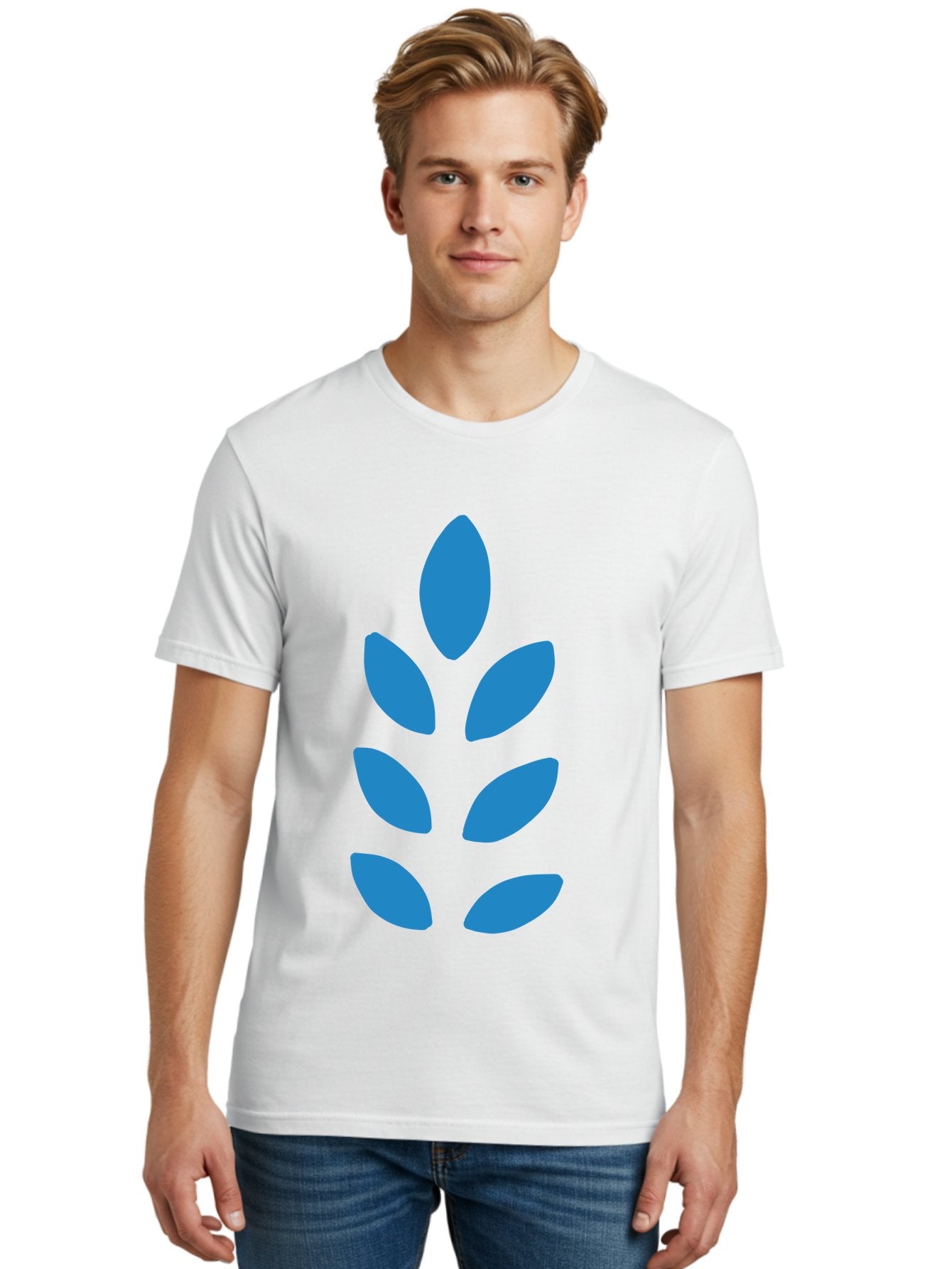 Blue-Leaves Men'S Graphic Tee, 100% Cotton, Comfortable Casual Summer Wear, Machine Washable, Blue Leaves, Simple Design, Minimalist Art, Stylized Foliage, Graphic Element, Abstract Shape, Modern Illustration Aab670 16