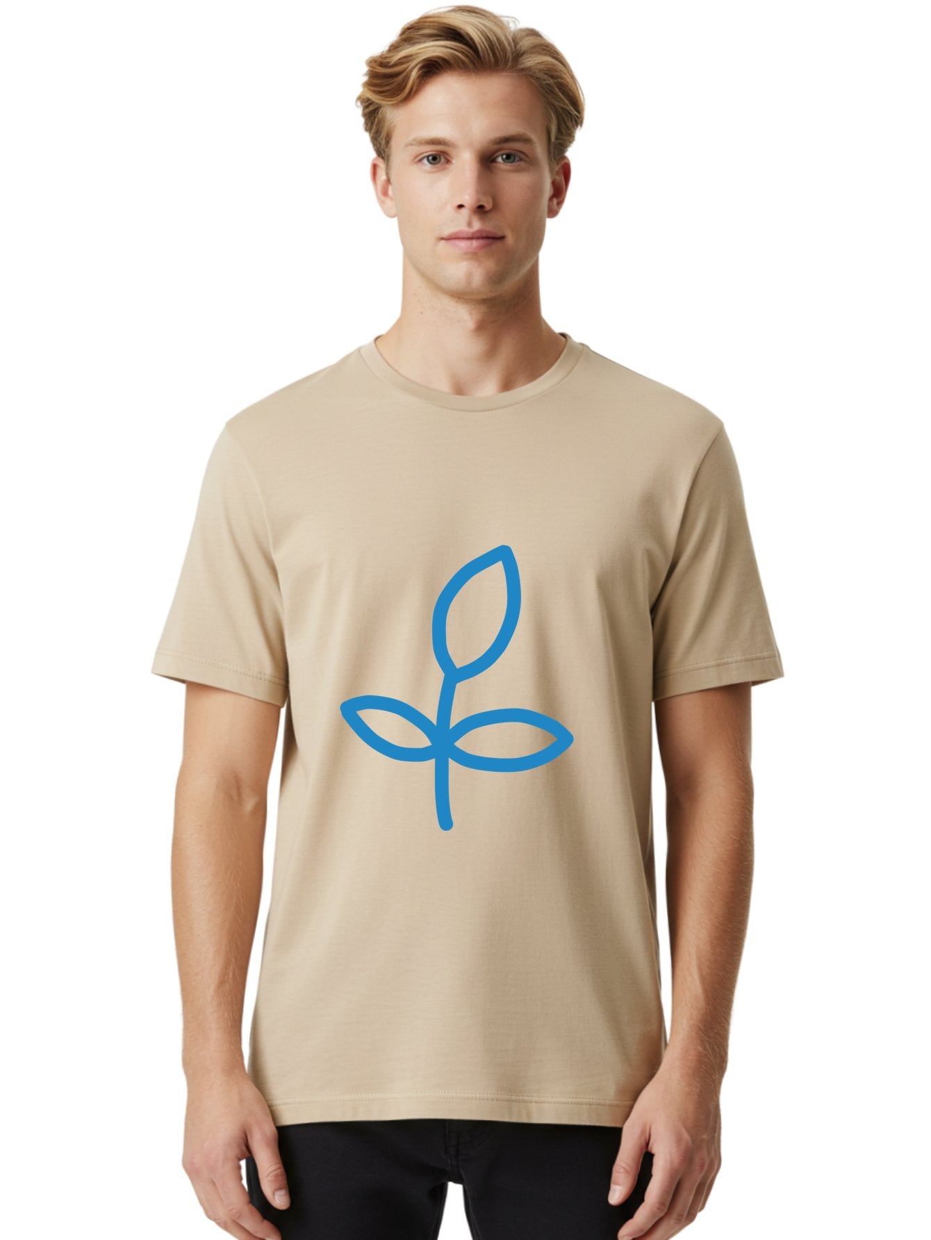 Blue-Plant Men'S Graphic Tee, 100% Cotton, Comfortable Casual Summer Wear, Machine Washable, Simple Plant Illustration, Blue Outline, Minimalist Design, Childlike Artwork, Hand-Drawn Imagery, Floral Motif, Stylized Leaves Aab671 28