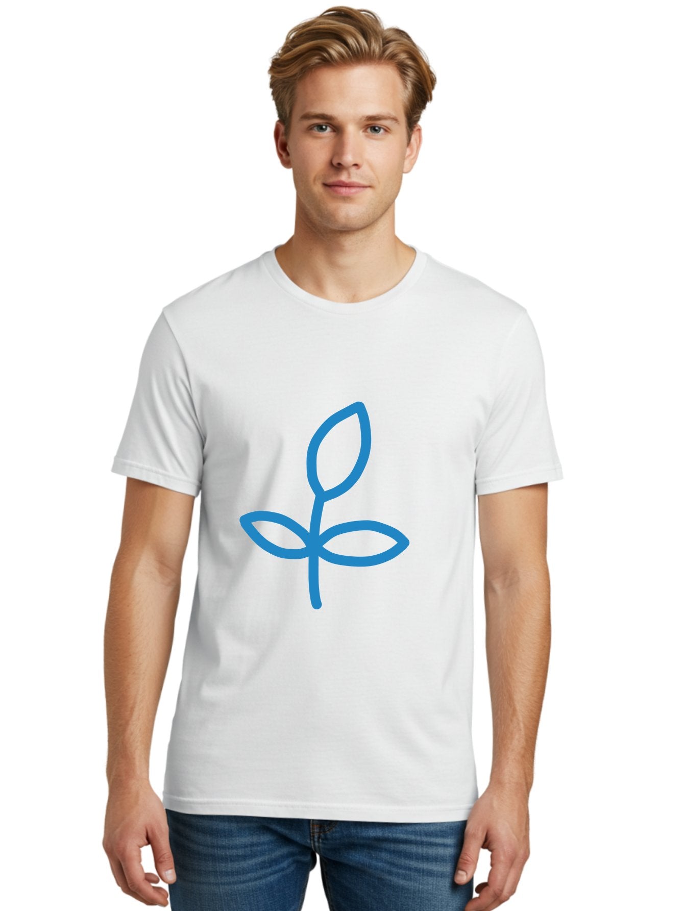Blue-Plant Men'S Graphic Tee, 100% Cotton, Comfortable Casual Summer Wear, Machine Washable, Simple Plant Illustration, Blue Outline, Minimalist Design, Childlike Artwork, Hand-Drawn Imagery, Floral Motif, Stylized Leaves Aab671 23