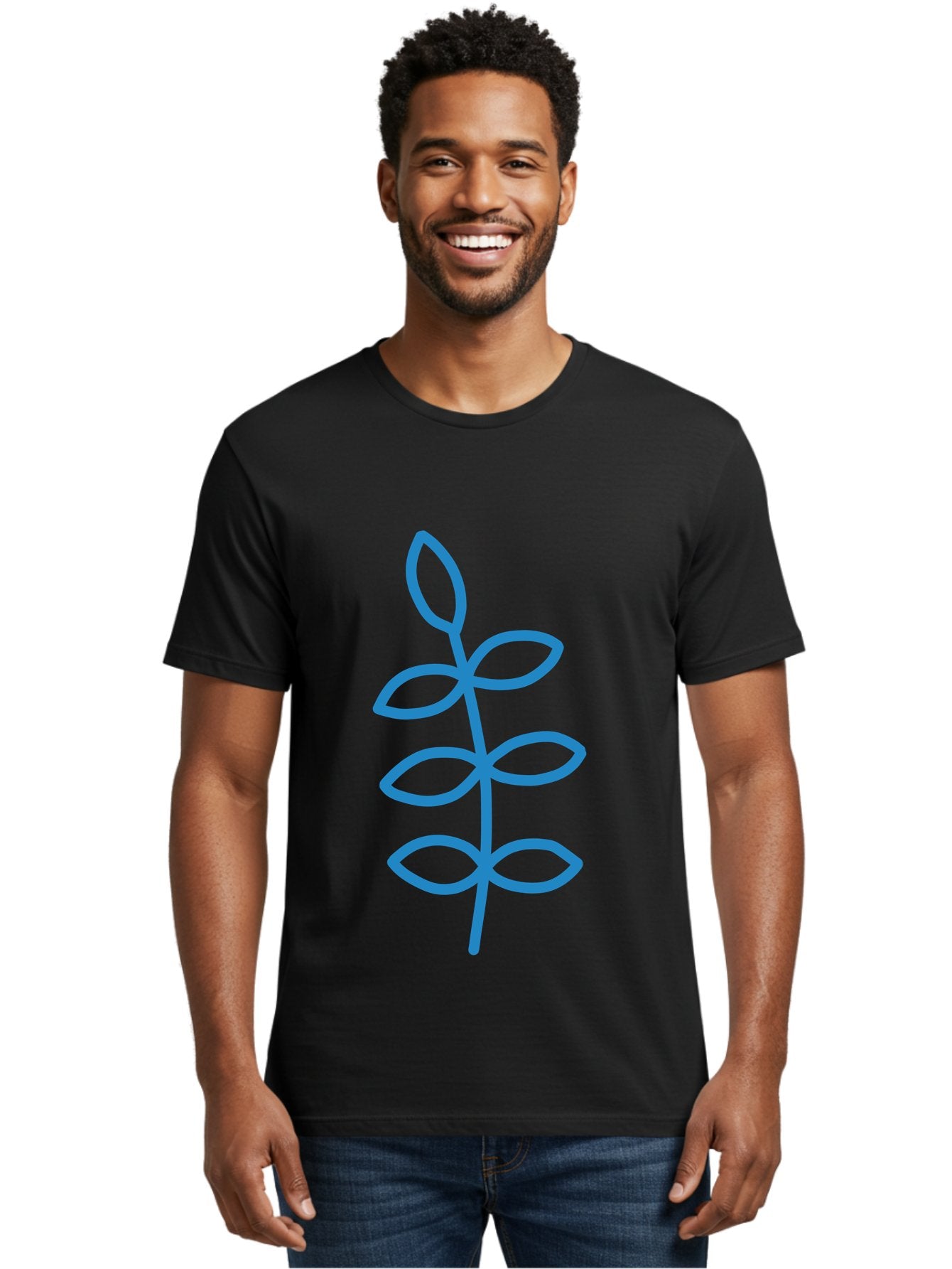 Blue-Stem Men'S Graphic Tee, 100% Cotton, Comfortable Casual Summer Wear, Machine Washable, Simple Plant Drawing, Blue Outline, Minimalist Art, Stylized Leaves, Modern Illustration, Digital Artwork, Nature-Inspired Design Aab672 25