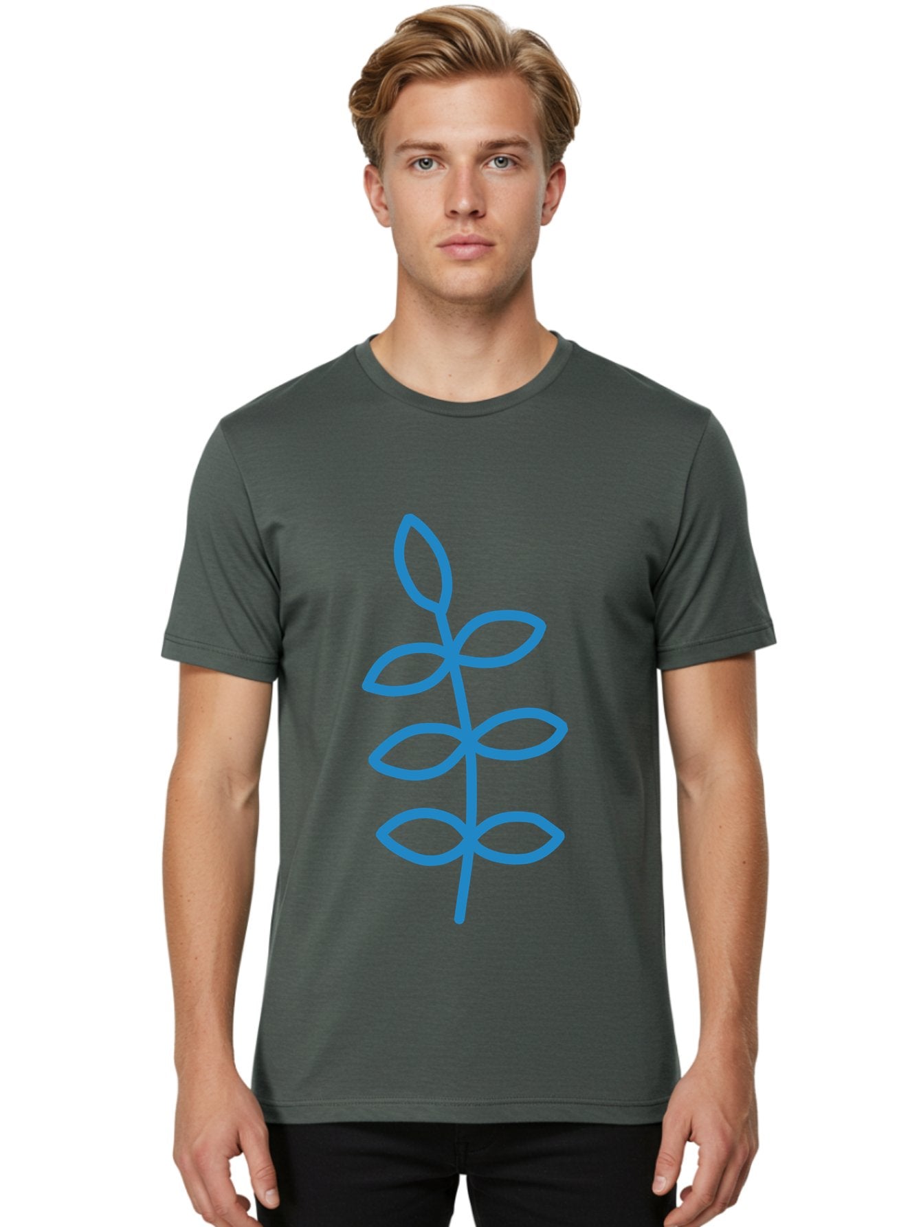 Blue-Stem Men'S Graphic Tee, 100% Cotton, Comfortable Casual Summer Wear, Machine Washable, Simple Plant Drawing, Blue Outline, Minimalist Art, Stylized Leaves, Modern Illustration, Digital Artwork, Nature-Inspired Design Aab672 28