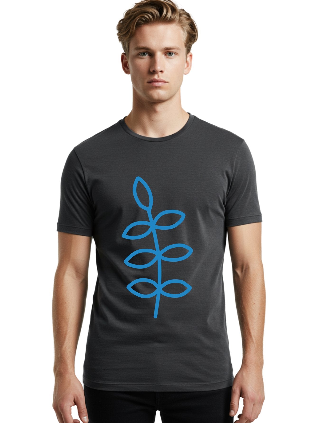 Blue-Stem Men'S Graphic Tee, 100% Cotton, Comfortable Casual Summer Wear, Machine Washable, Simple Plant Drawing, Blue Outline, Minimalist Art, Stylized Leaves, Modern Illustration, Digital Artwork, Nature-Inspired Design Aab672 18