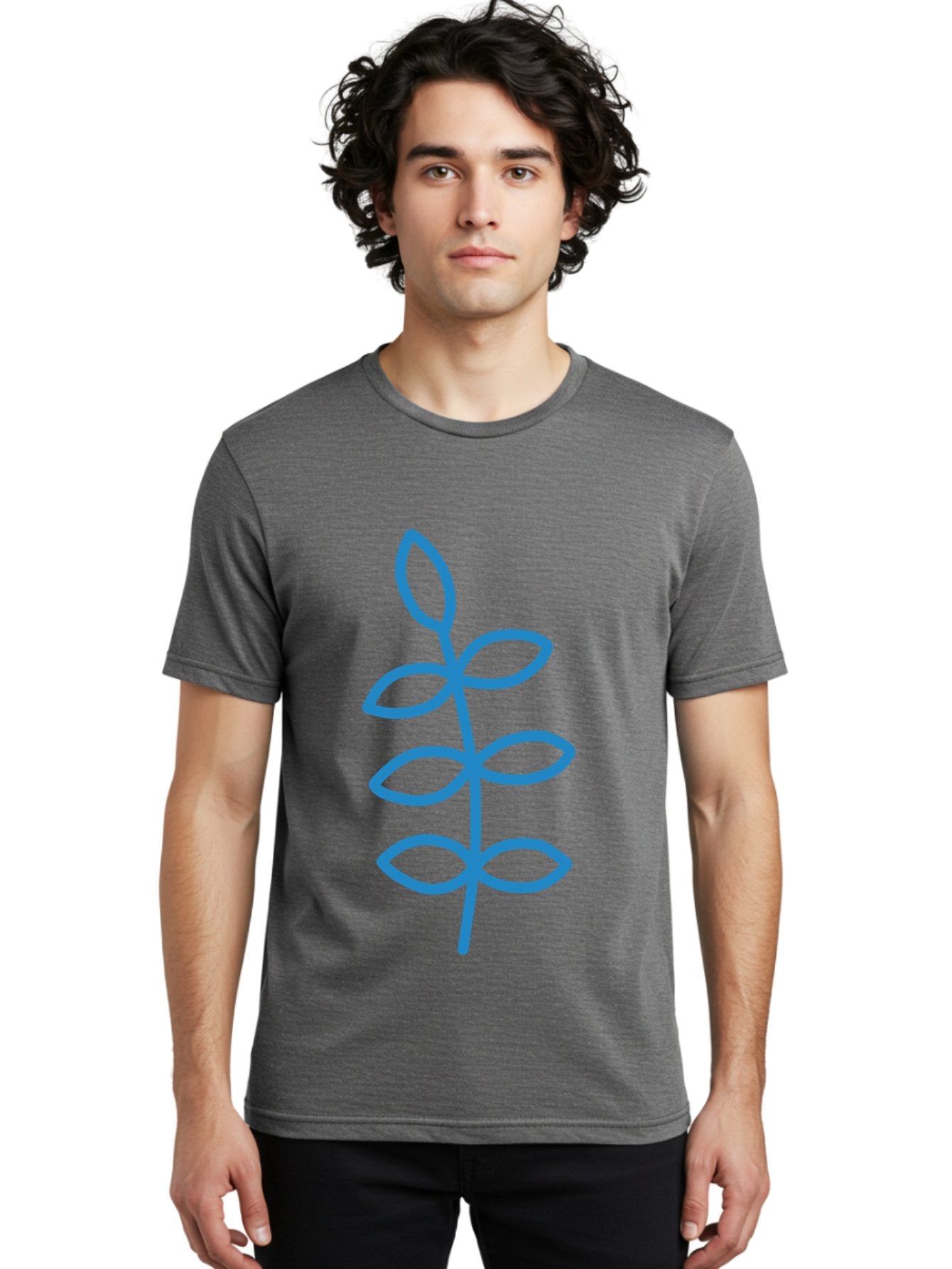 Blue-Stem Men'S Graphic Tee, 100% Cotton, Comfortable Casual Summer Wear, Machine Washable, Simple Plant Drawing, Blue Outline, Minimalist Art, Stylized Leaves, Modern Illustration, Digital Artwork, Nature-Inspired Design Aab672 30
