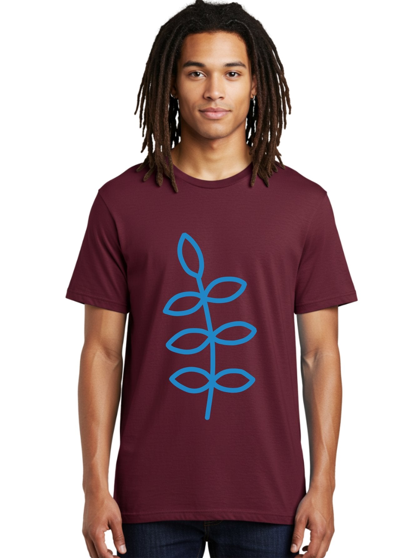 Blue-Stem Men'S Graphic Tee, 100% Cotton, Comfortable Casual Summer Wear, Machine Washable, Simple Plant Drawing, Blue Outline, Minimalist Art, Stylized Leaves, Modern Illustration, Digital Artwork, Nature-Inspired Design Aab672 17