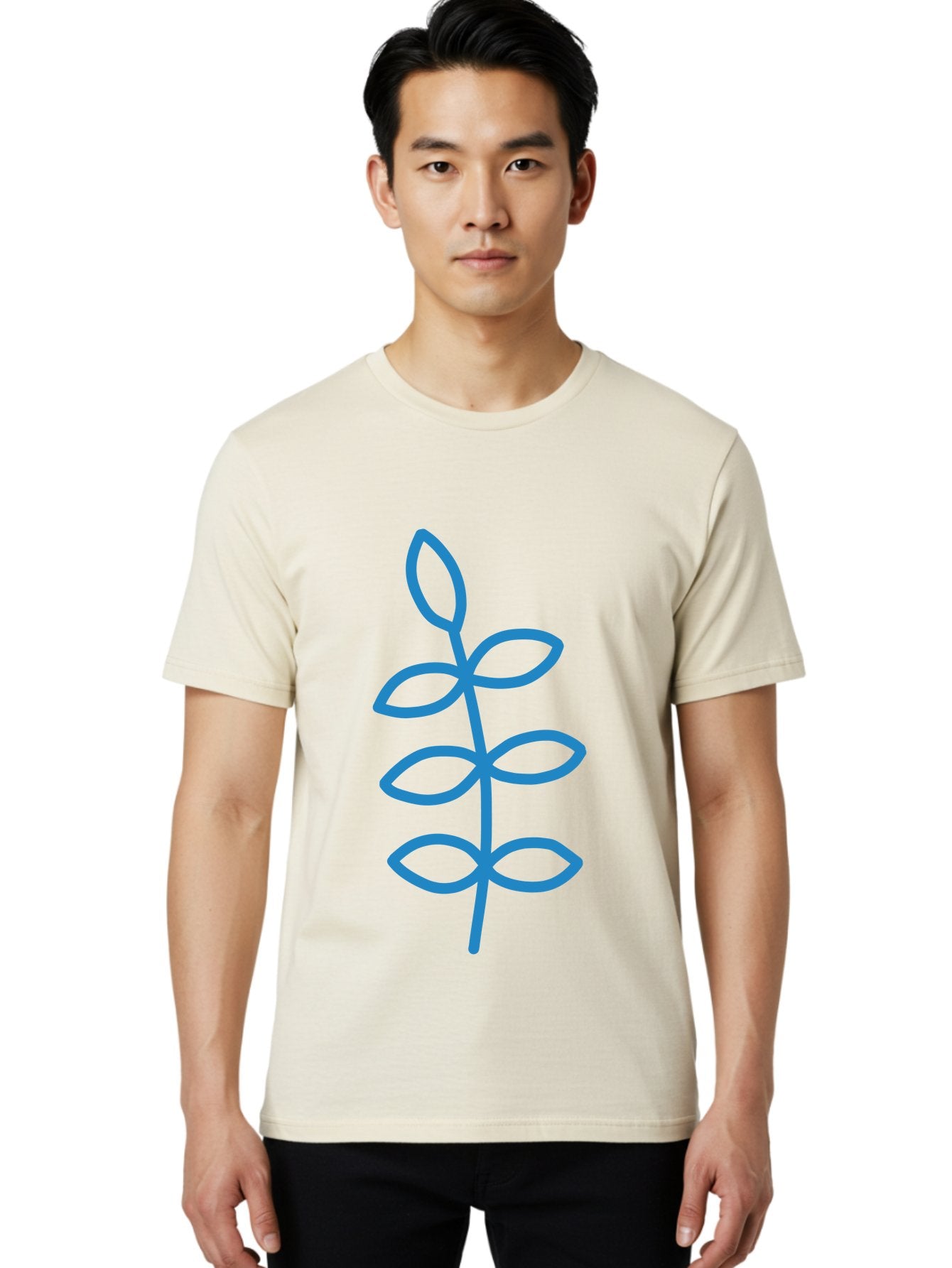 Blue-Stem Men'S Graphic Tee, 100% Cotton, Comfortable Casual Summer Wear, Machine Washable, Simple Plant Drawing, Blue Outline, Minimalist Art, Stylized Leaves, Modern Illustration, Digital Artwork, Nature-Inspired Design Aab672 23