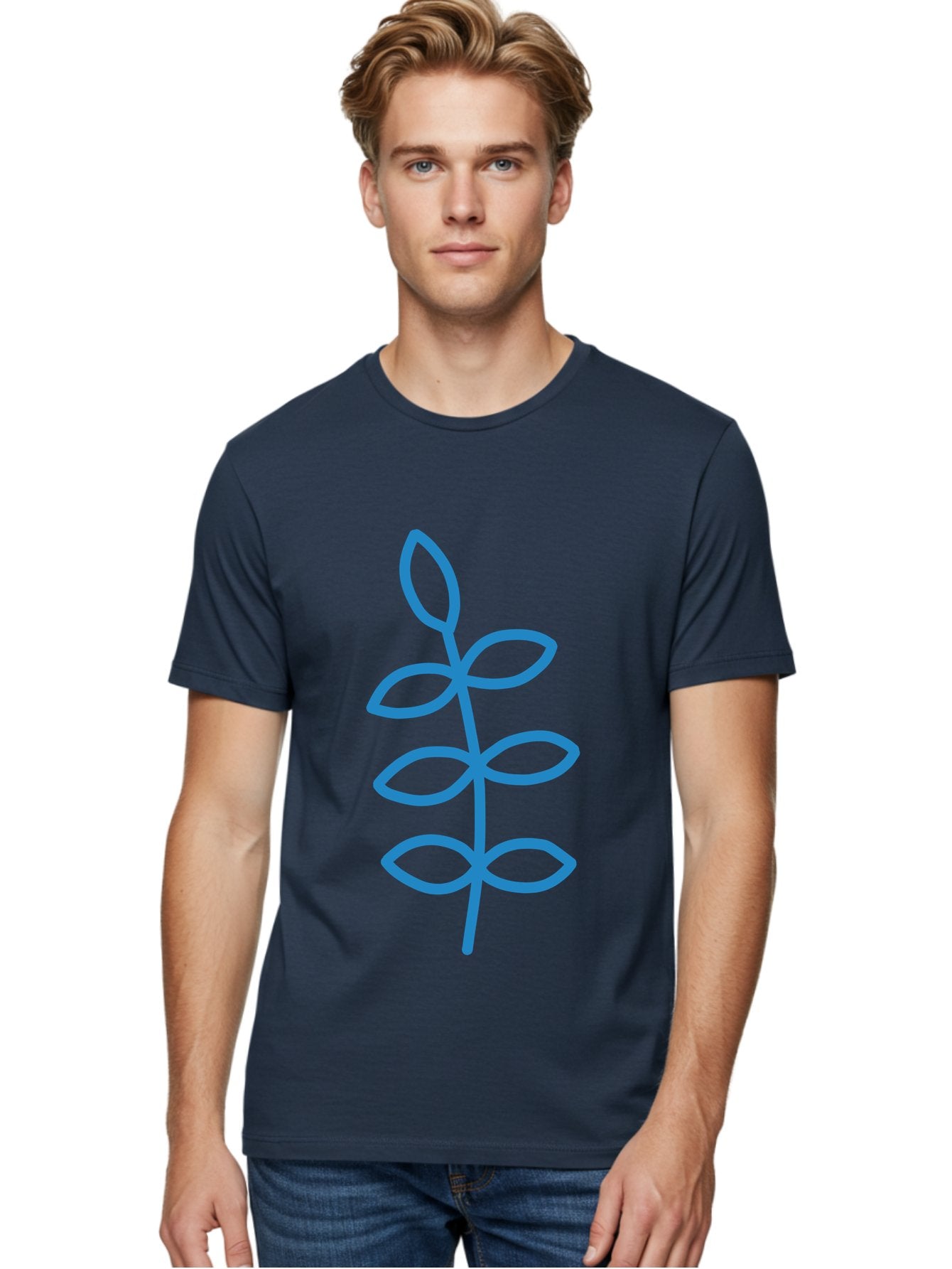 Blue-Stem Men'S Graphic Tee, 100% Cotton, Comfortable Casual Summer Wear, Machine Washable, Simple Plant Drawing, Blue Outline, Minimalist Art, Stylized Leaves, Modern Illustration, Digital Artwork, Nature-Inspired Design Aab672 22