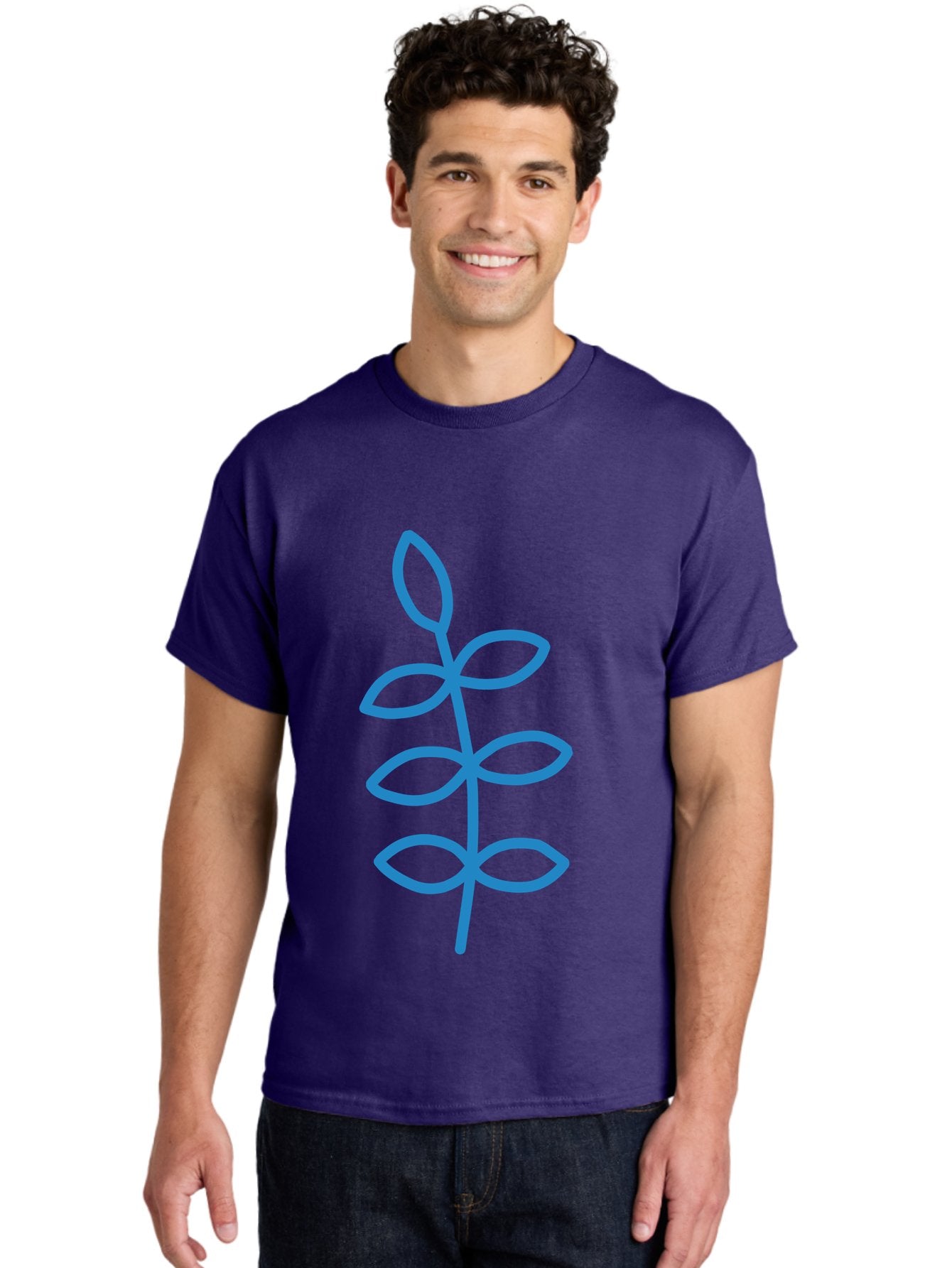 Blue-Stem Men'S Graphic Tee, 100% Cotton, Comfortable Casual Summer Wear, Machine Washable, Simple Plant Drawing, Blue Outline, Minimalist Art, Stylized Leaves, Modern Illustration, Digital Artwork, Nature-Inspired Design Aab672 20
