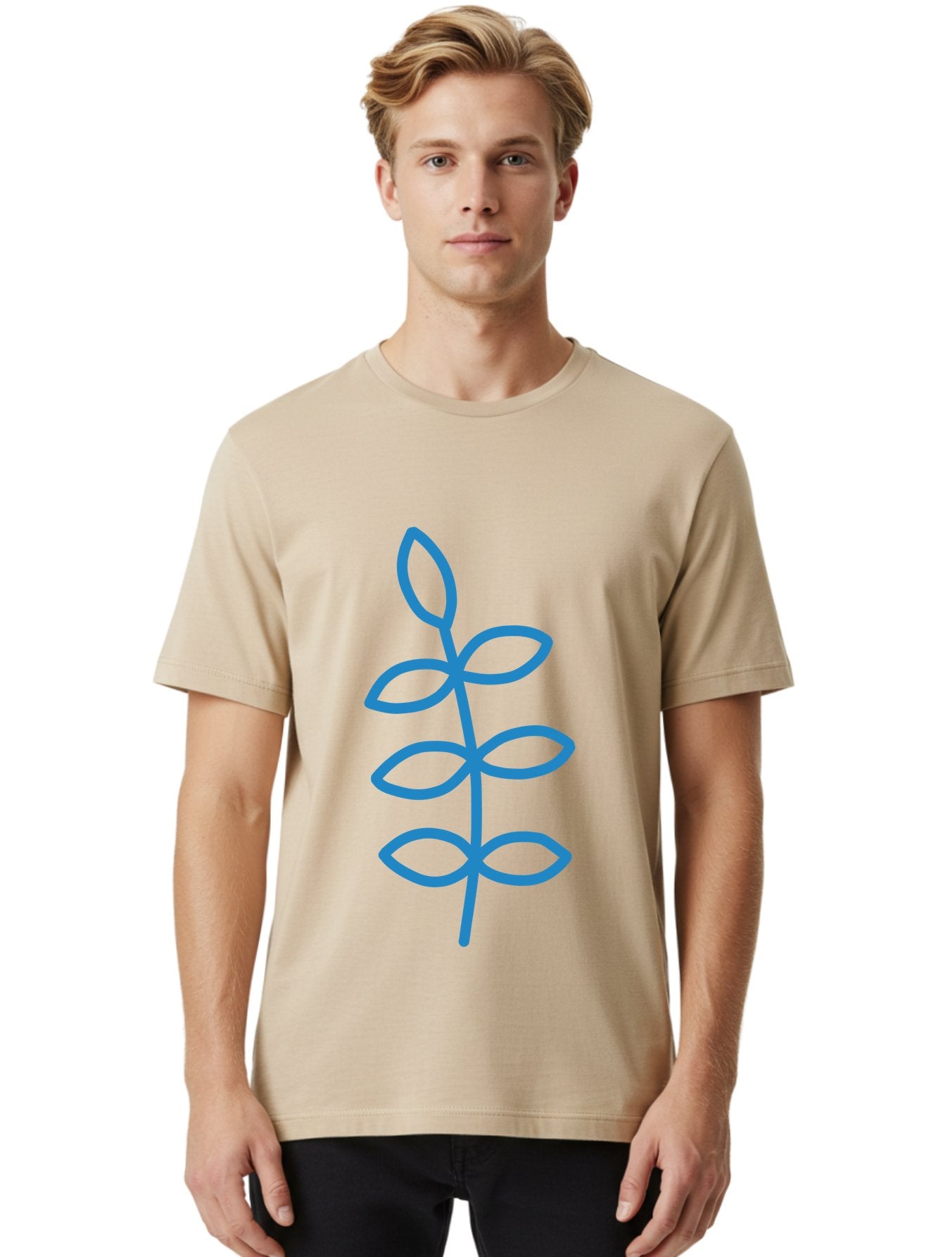 Blue-Stem Men'S Graphic Tee, 100% Cotton, Comfortable Casual Summer Wear, Machine Washable, Simple Plant Drawing, Blue Outline, Minimalist Art, Stylized Leaves, Modern Illustration, Digital Artwork, Nature-Inspired Design Aab672 29