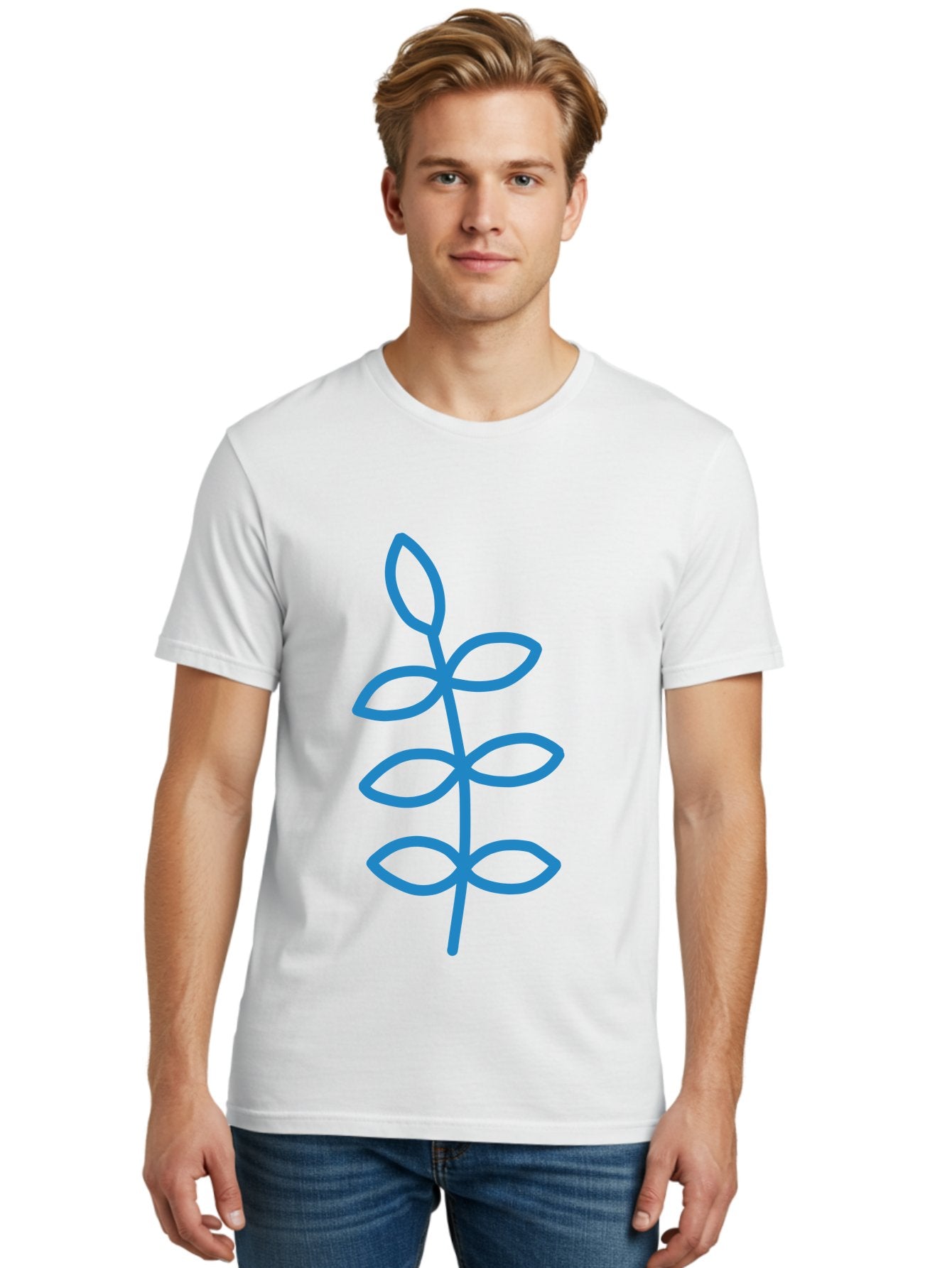 Blue-Stem Men'S Graphic Tee, 100% Cotton, Comfortable Casual Summer Wear, Machine Washable, Simple Plant Drawing, Blue Outline, Minimalist Art, Stylized Leaves, Modern Illustration, Digital Artwork, Nature-Inspired Design Aab672 19