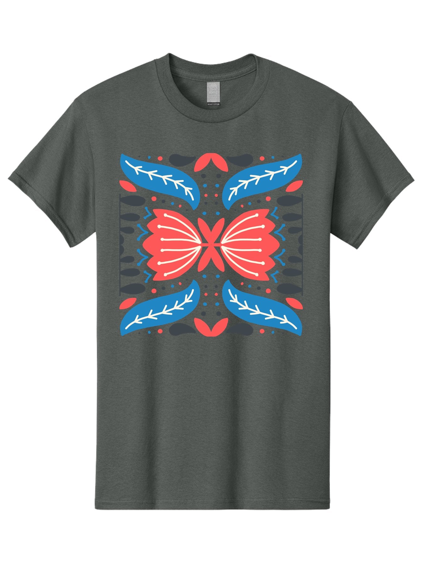 Butterfly-Pattern-1 Men'S Graphic Tee, 100% Cotton, Comfortable Casual Summer Wear, Machine Washable, Symmetrical Butterfly Design, Floral Pattern, Vibrant Red And Blue Hues, White Accents, Abstract Shapes, Folk Art Inspiration, Aab674