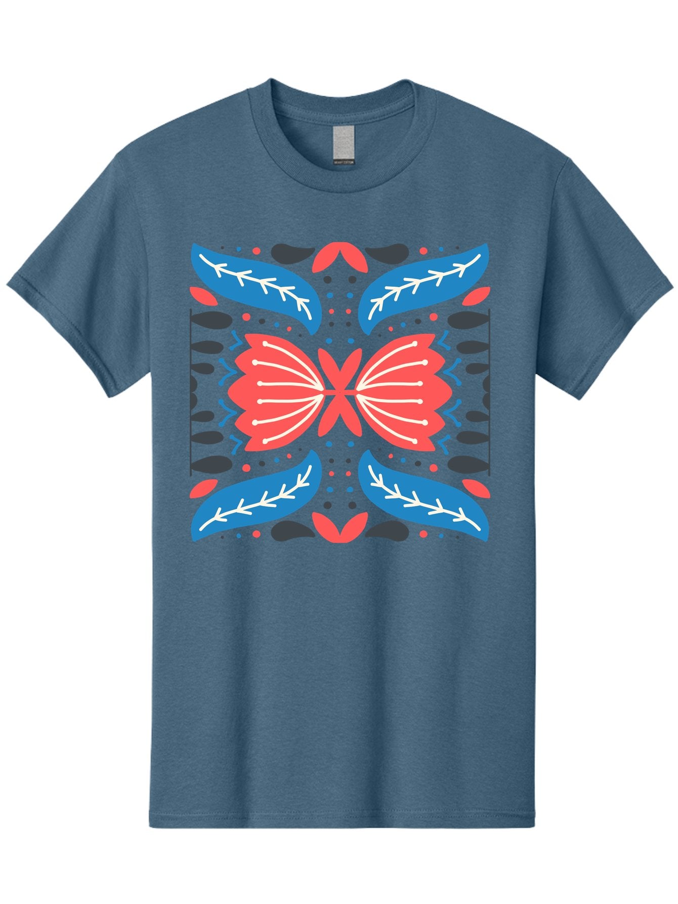 Butterfly-Pattern-1 Men'S Graphic Tee, 100% Cotton, Comfortable Casual Summer Wear, Machine Washable, Symmetrical Butterfly Design, Floral Pattern, Vibrant Red And Blue Hues, White Accents, Abstract Shapes, Folk Art Inspiration, Aab674 14