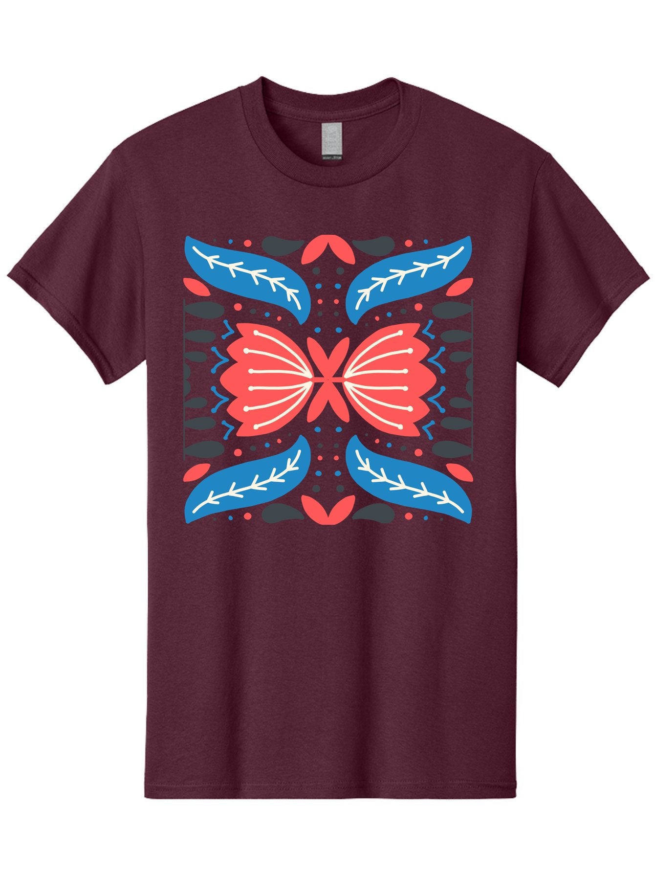 Butterfly-Pattern-1 Men'S Graphic Tee, 100% Cotton, Comfortable Casual Summer Wear, Machine Washable, Symmetrical Butterfly Design, Floral Pattern, Vibrant Red And Blue Hues, White Accents, Abstract Shapes, Folk Art Inspiration, Aab674 7