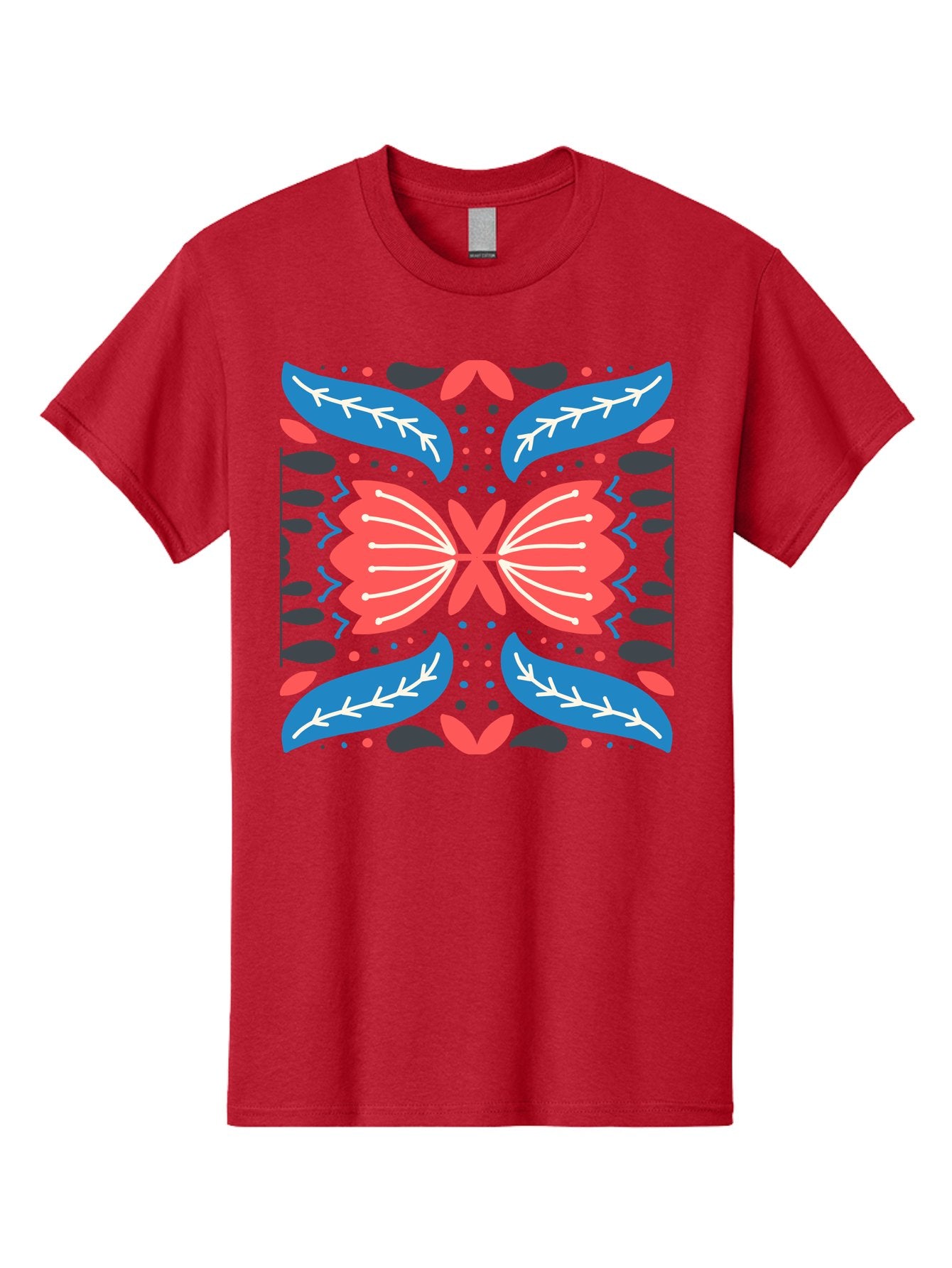Butterfly-Pattern-1 Men'S Graphic Tee, 100% Cotton, Comfortable Casual Summer Wear, Machine Washable, Symmetrical Butterfly Design, Floral Pattern, Vibrant Red And Blue Hues, White Accents, Abstract Shapes, Folk Art Inspiration, Aab674 8