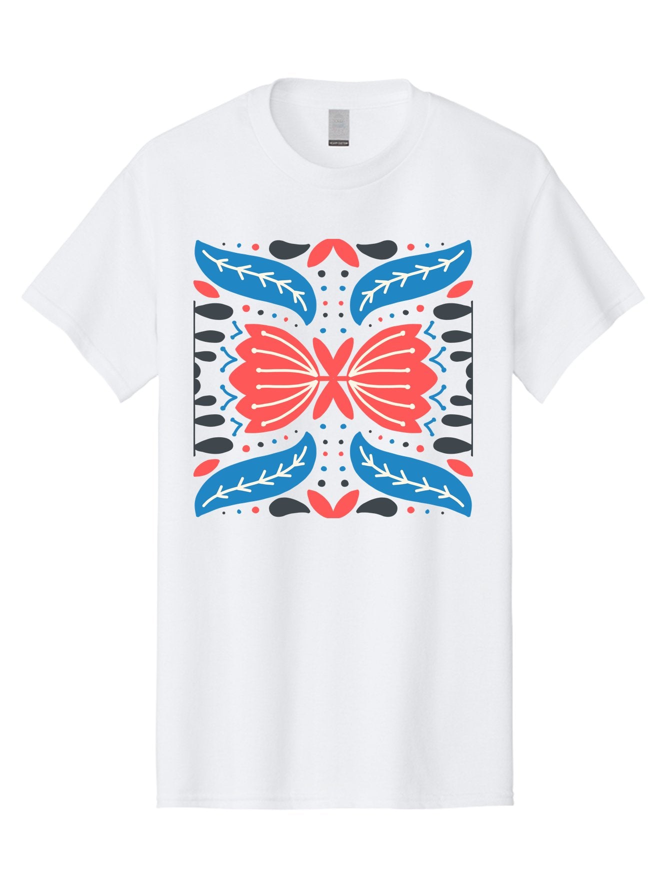 Butterfly-Pattern-1 Men'S Graphic Tee, 100% Cotton, Comfortable Casual Summer Wear, Machine Washable, Symmetrical Butterfly Design, Floral Pattern, Vibrant Red And Blue Hues, White Accents, Abstract Shapes, Folk Art Inspiration, Aab674 4