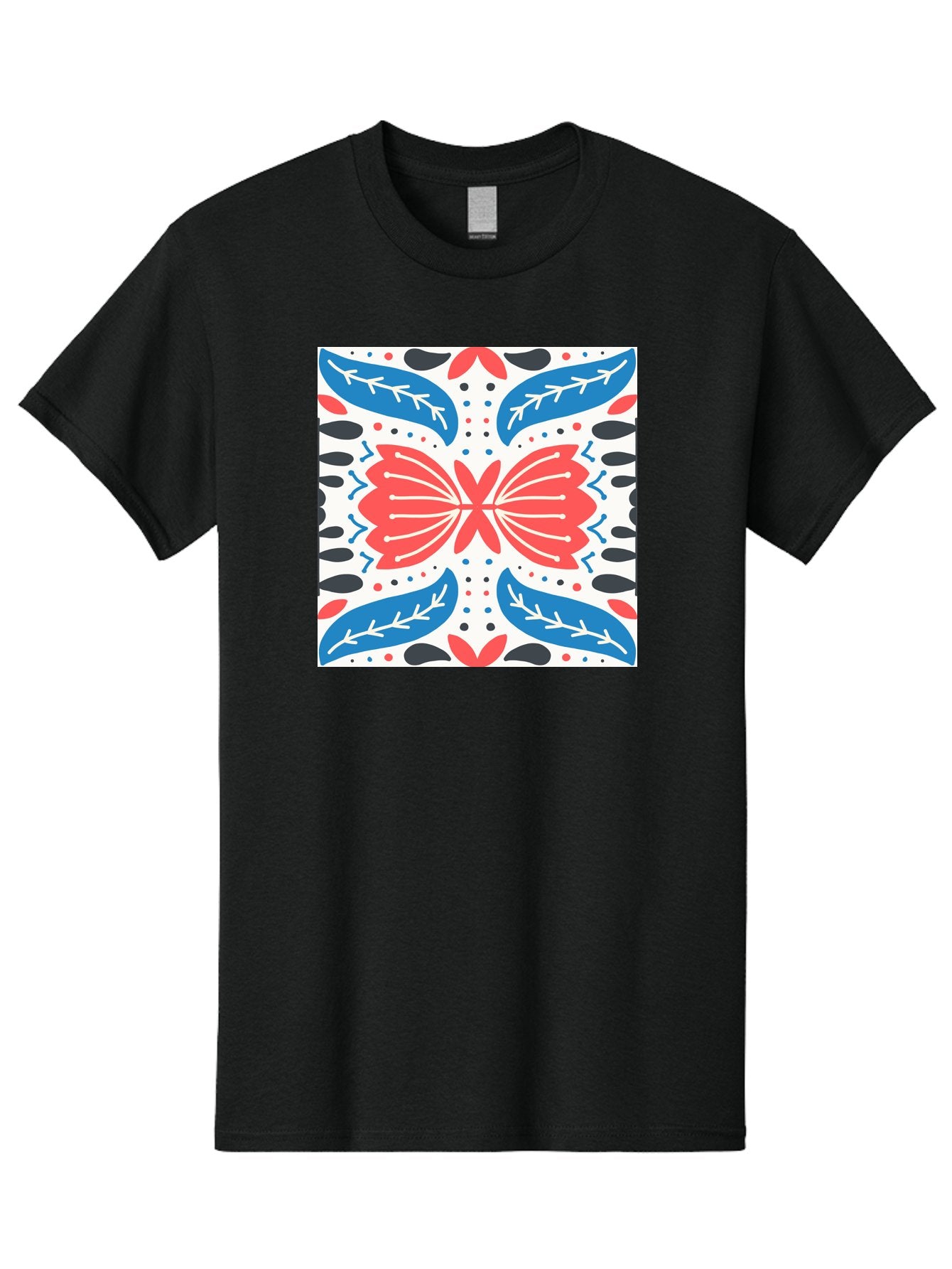 Butterfly-Pattern Men'S Graphic Tee, 100% Cotton, Comfortable Casual Summer Wear, Machine Washable, Butterfly, Floral Pattern, Red And Blue, Abstract Design, Symmetrical Shape, Graphic Illustration, Folk Art, Decorative Elements, Leaf Shapes Aab675 13