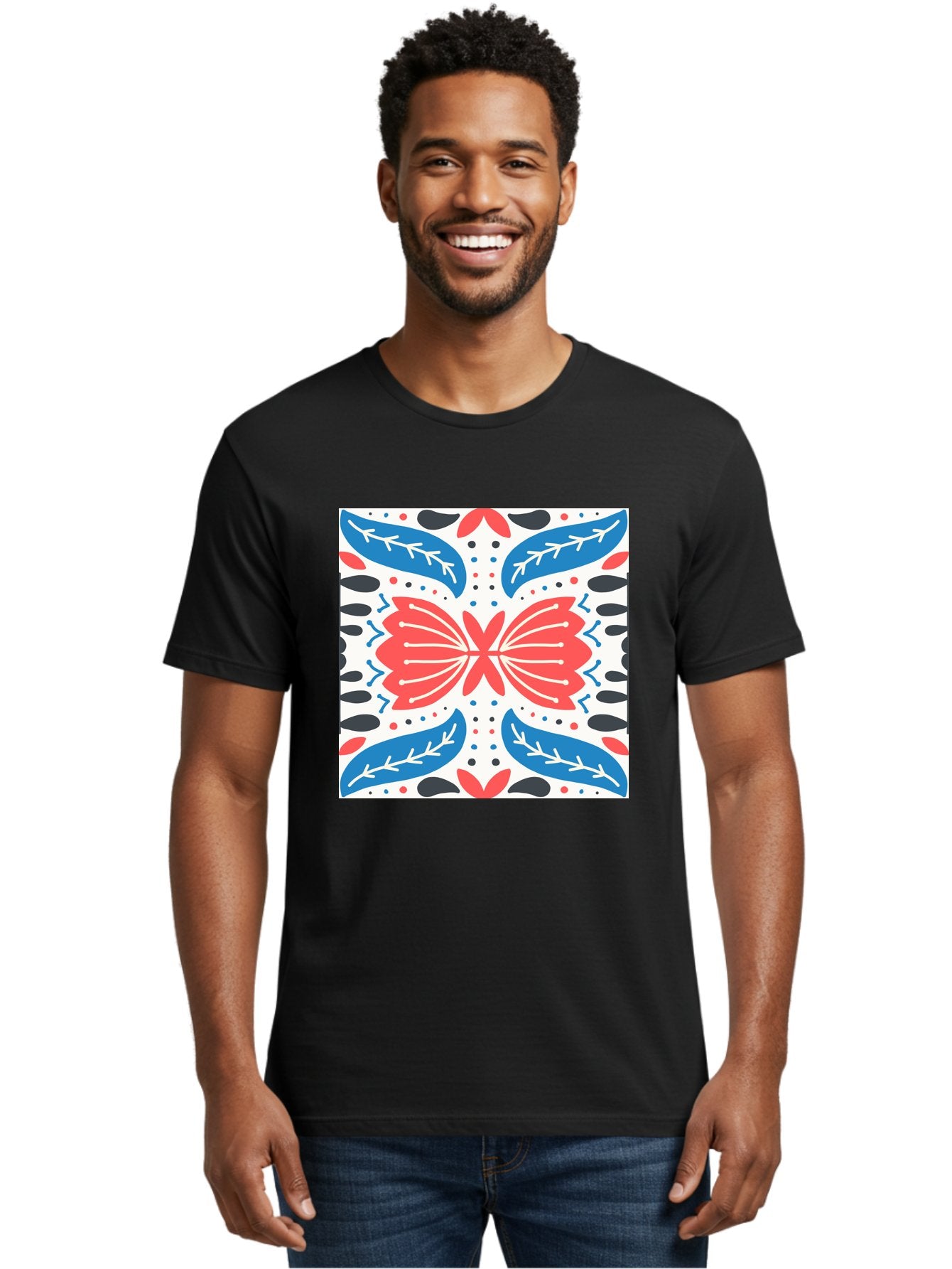 Butterfly-Pattern Men'S Graphic Tee, 100% Cotton, Comfortable Casual Summer Wear, Machine Washable, Butterfly, Floral Pattern, Red And Blue, Abstract Design, Symmetrical Shape, Graphic Illustration, Folk Art, Decorative Elements, Leaf Shapes Aab675 20