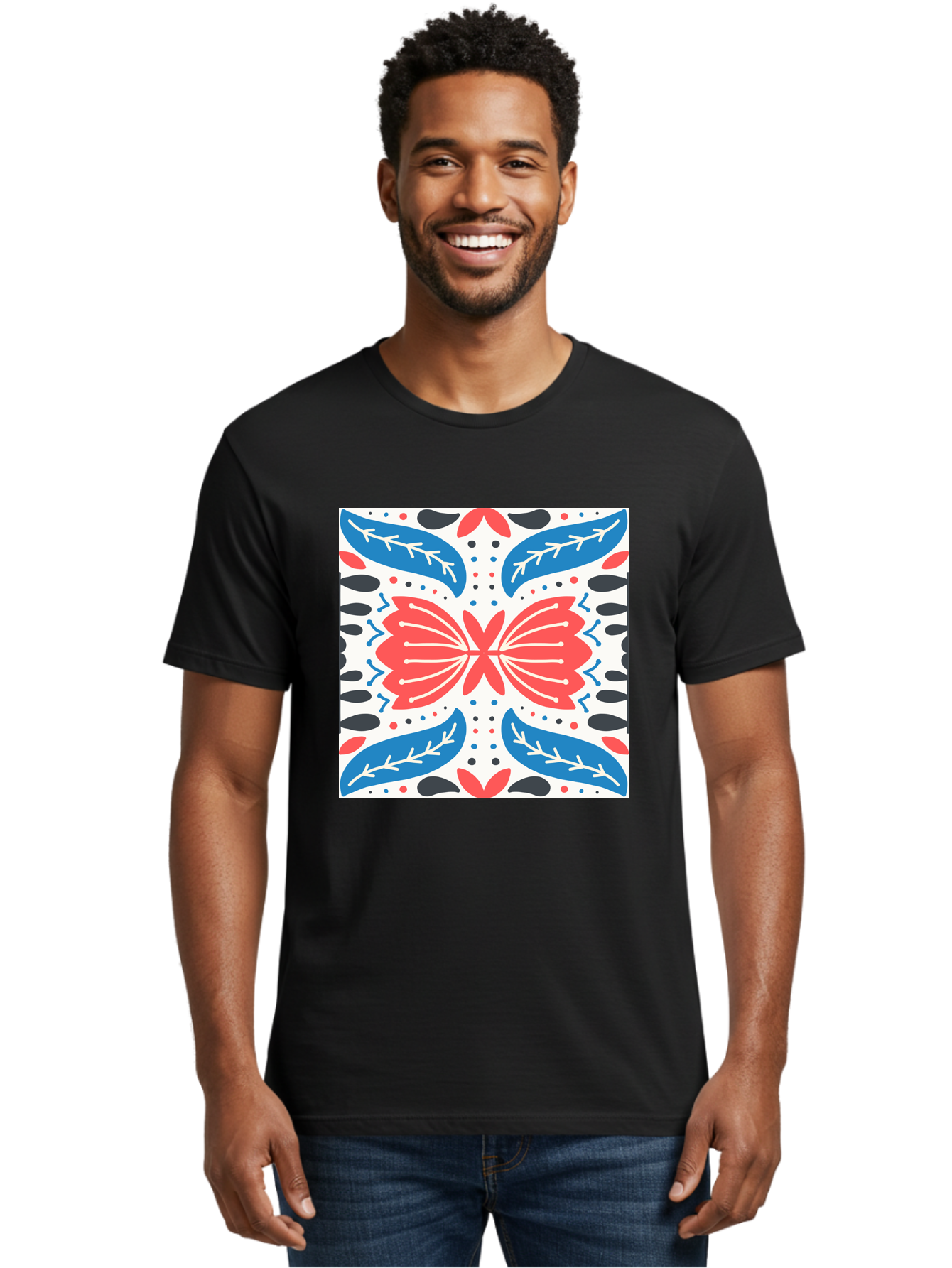 Butterfly-Pattern Men'S Graphic Tee, 100% Cotton, Comfortable Casual Summer Wear, Machine Washable, Butterfly, Floral Pattern, Red And Blue, Abstract Design, Symmetrical Shape, Graphic Illustration, Folk Art, Decorative Elements, Leaf Shapes Aab675 30