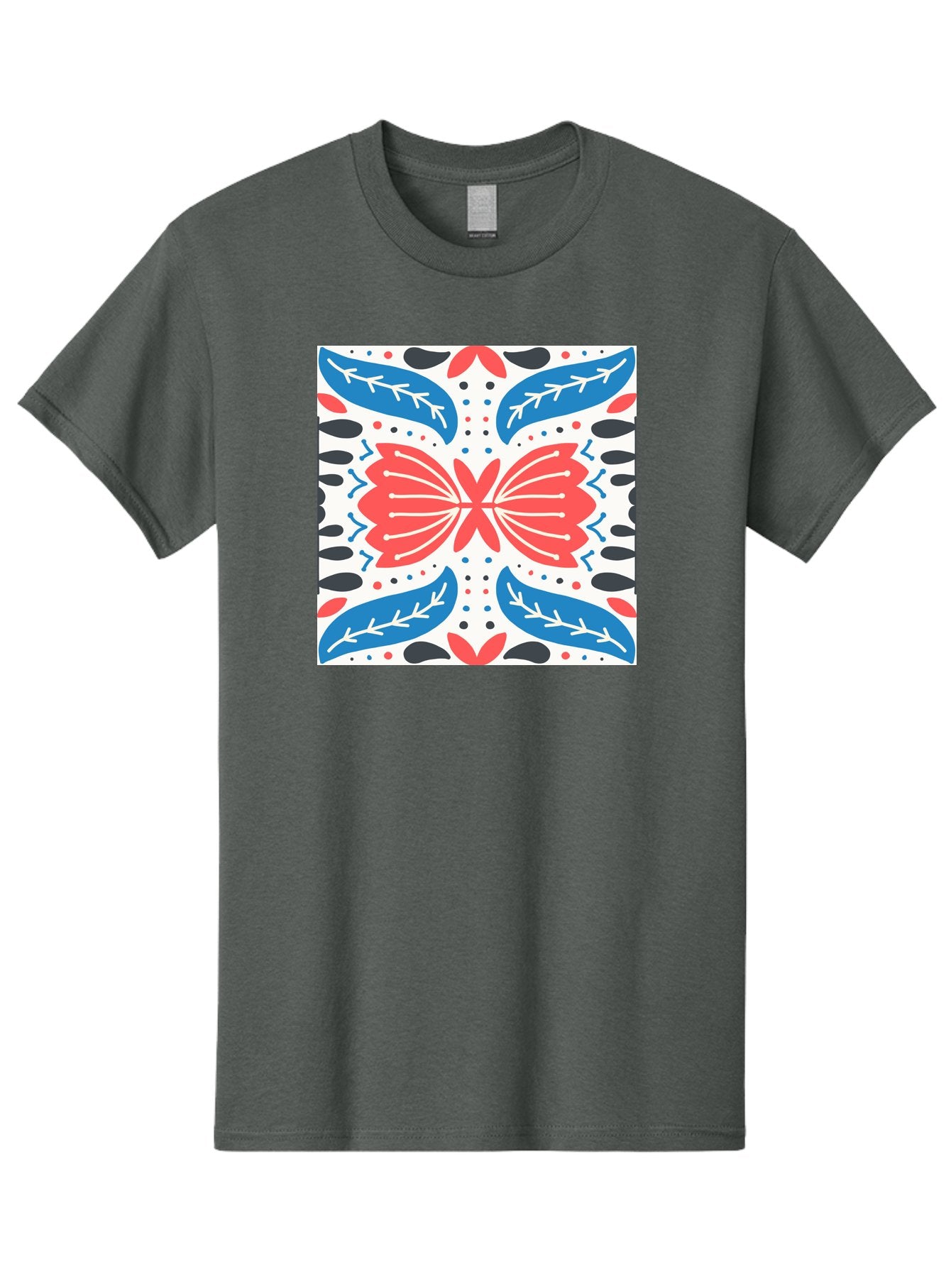 Butterfly-Pattern Men'S Graphic Tee, 100% Cotton, Comfortable Casual Summer Wear, Machine Washable, Butterfly, Floral Pattern, Red And Blue, Abstract Design, Symmetrical Shape, Graphic Illustration, Folk Art, Decorative Elements, Leaf Shapes Aab675 9