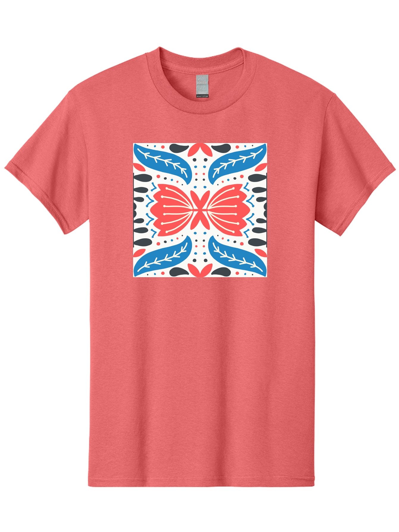 Butterfly-Pattern Men'S Graphic Tee, 100% Cotton, Comfortable Casual Summer Wear, Machine Washable, Butterfly, Floral Pattern, Red And Blue, Abstract Design, Symmetrical Shape, Graphic Illustration, Folk Art, Decorative Elements, Leaf Shapes Aab675 7