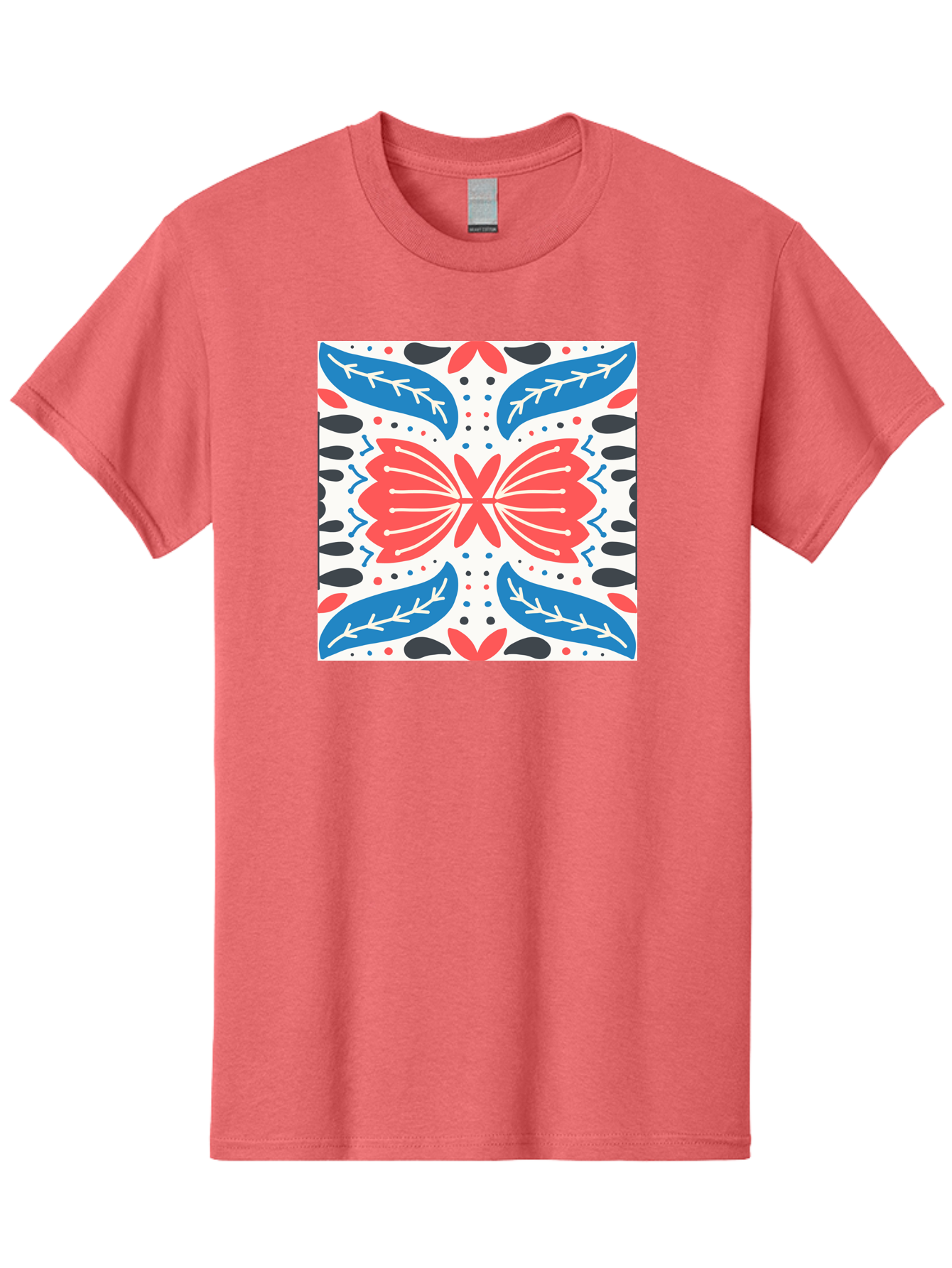 Butterfly-Pattern Men'S Graphic Tee, 100% Cotton, Comfortable Casual Summer Wear, Machine Washable, Butterfly, Floral Pattern, Red And Blue, Abstract Design, Symmetrical Shape, Graphic Illustration, Folk Art, Decorative Elements, Leaf Shapes Aab675 25