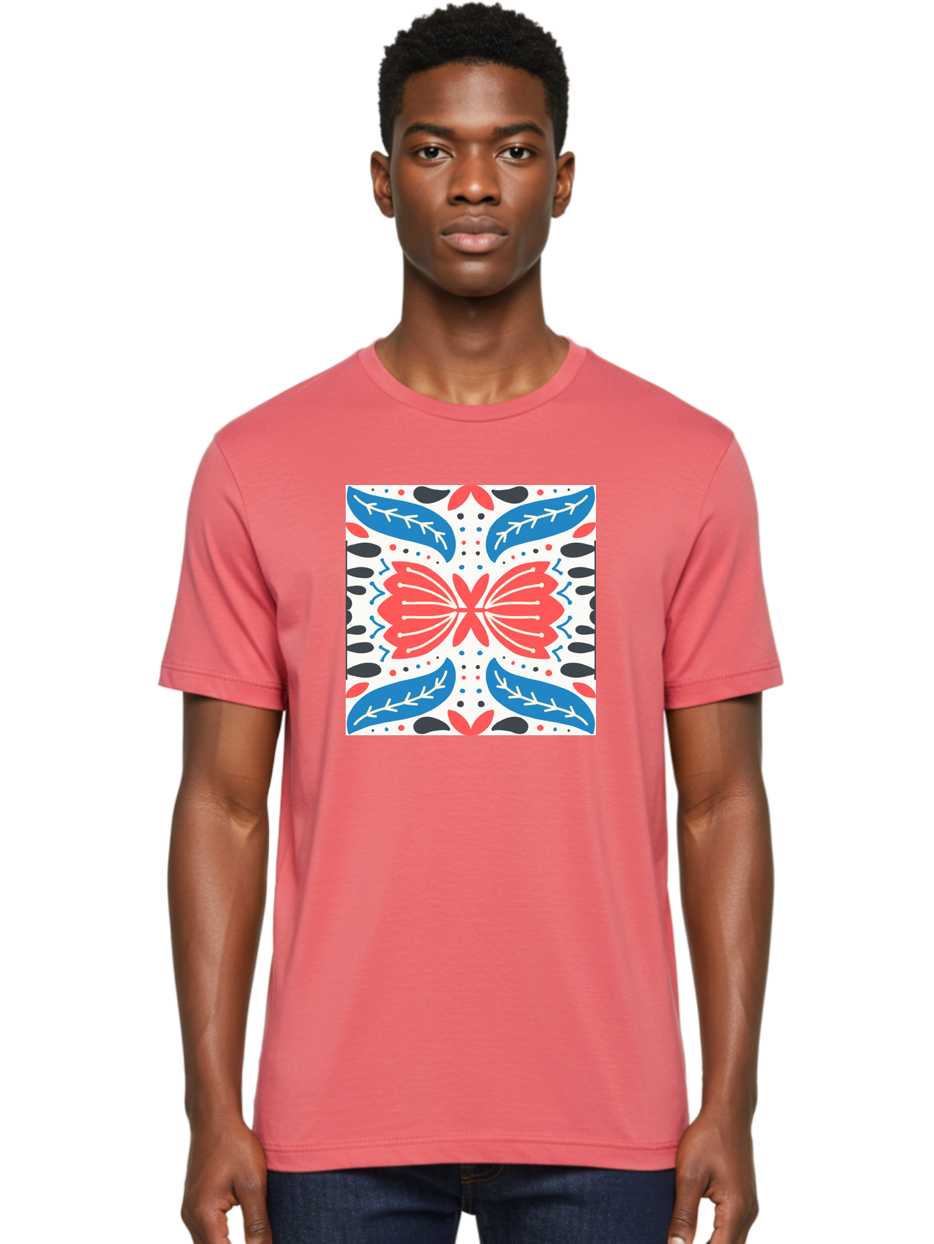 Butterfly-Pattern Men'S Graphic Tee, 100% Cotton, Comfortable Casual Summer Wear, Machine Washable, Butterfly, Floral Pattern, Red And Blue, Abstract Design, Symmetrical Shape, Graphic Illustration, Folk Art, Decorative Elements, Leaf Shapes Aab675 26