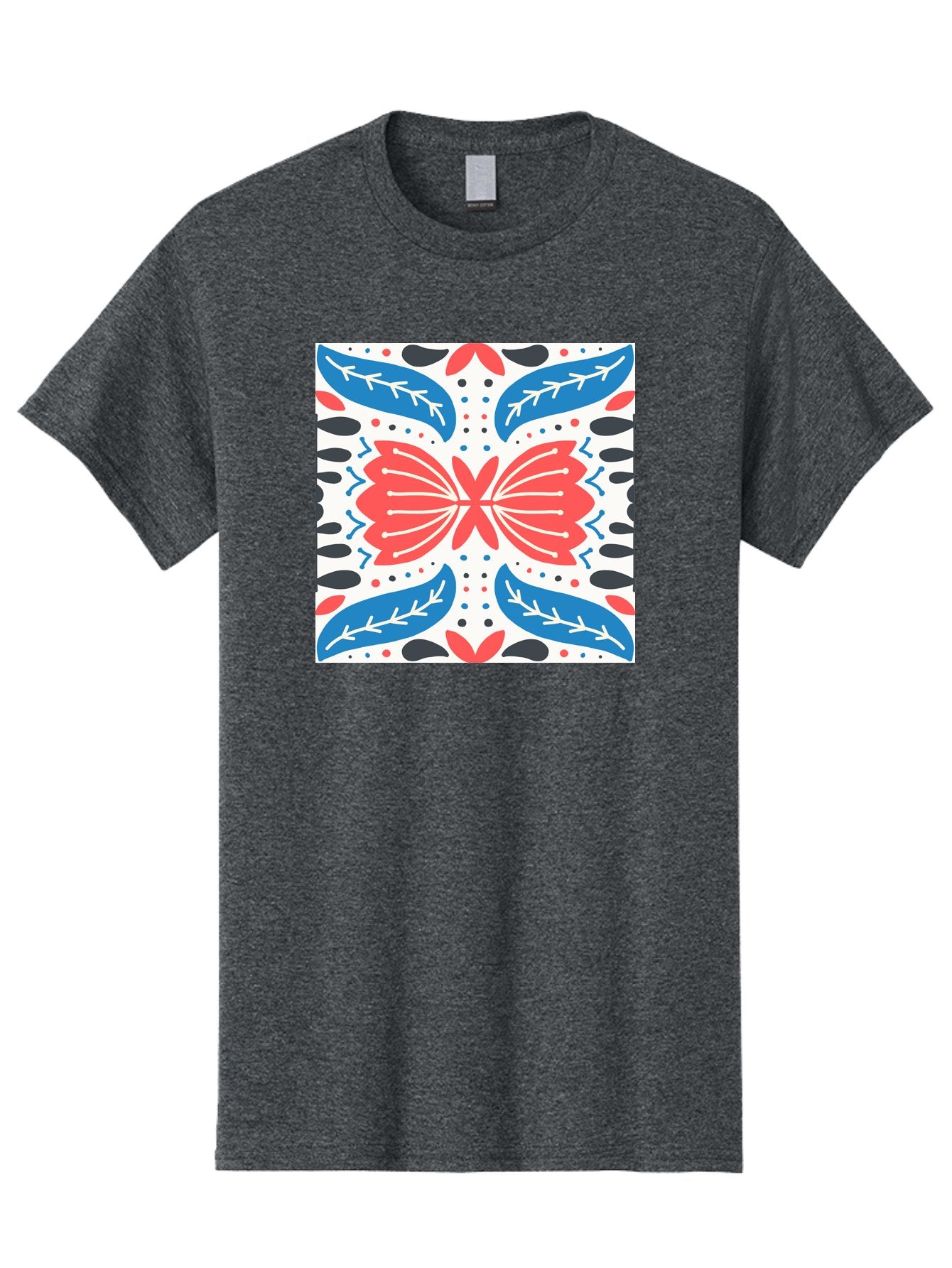 Butterfly-Pattern Men'S Graphic Tee, 100% Cotton, Comfortable Casual Summer Wear, Machine Washable, Butterfly, Floral Pattern, Red And Blue, Abstract Design, Symmetrical Shape, Graphic Illustration, Folk Art, Decorative Elements, Leaf Shapes Aab675 5