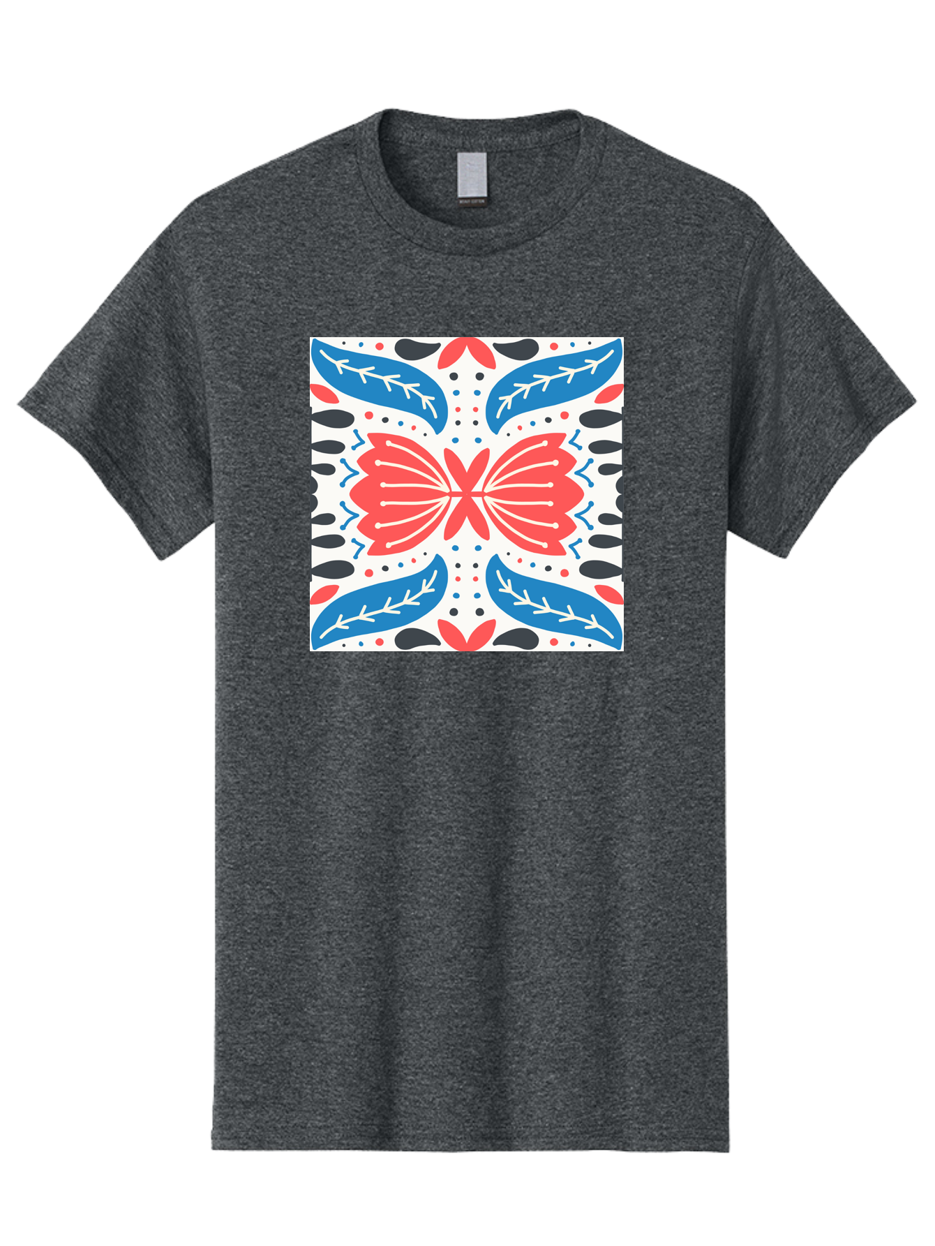 Butterfly-Pattern Men'S Graphic Tee, 100% Cotton, Comfortable Casual Summer Wear, Machine Washable, Butterfly, Floral Pattern, Red And Blue, Abstract Design, Symmetrical Shape, Graphic Illustration, Folk Art, Decorative Elements, Leaf Shapes Aab675 15