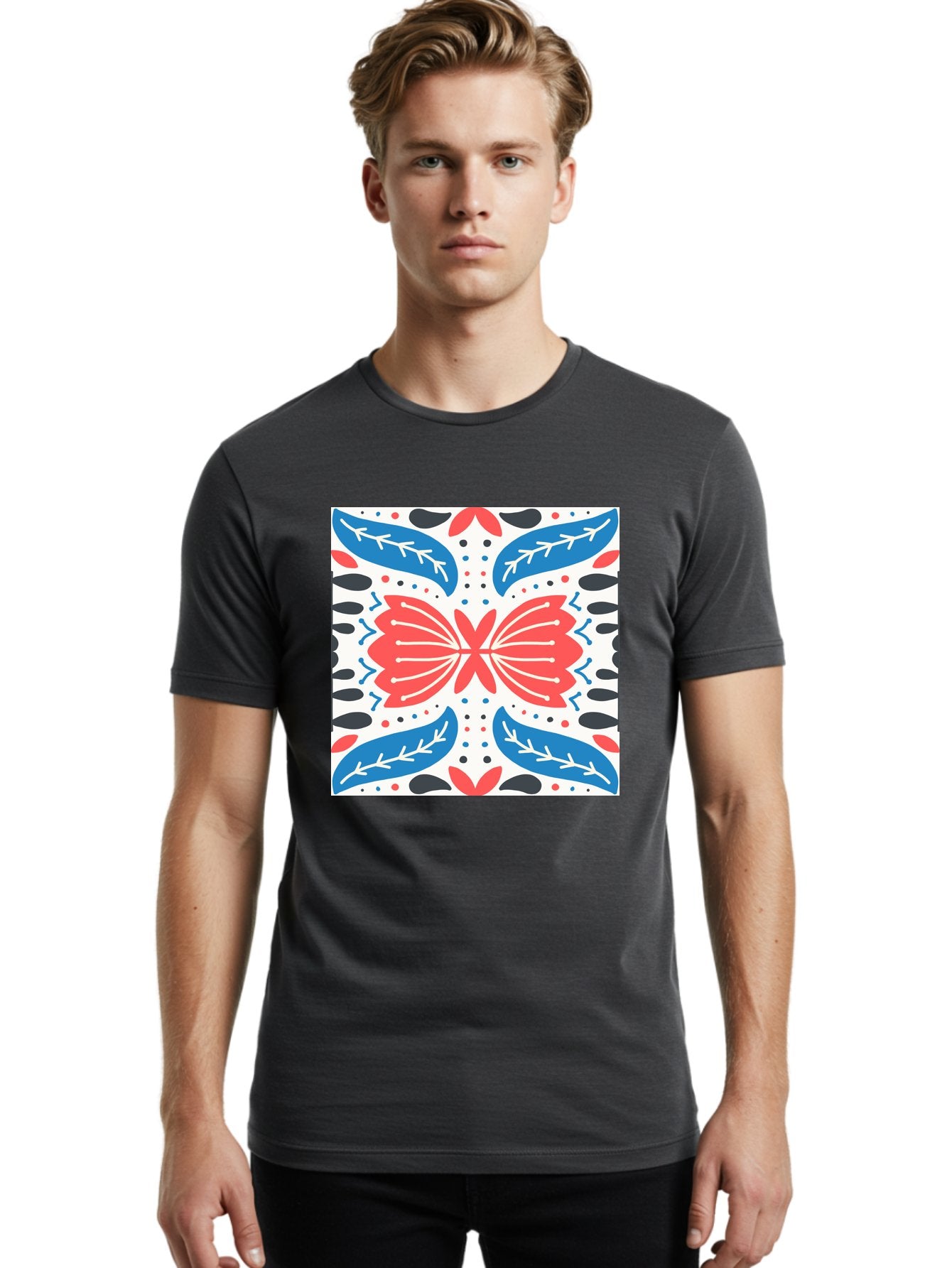 Butterfly-Pattern Men'S Graphic Tee, 100% Cotton, Comfortable Casual Summer Wear, Machine Washable, Butterfly, Floral Pattern, Red And Blue, Abstract Design, Symmetrical Shape, Graphic Illustration, Folk Art, Decorative Elements, Leaf Shapes Aab675 23