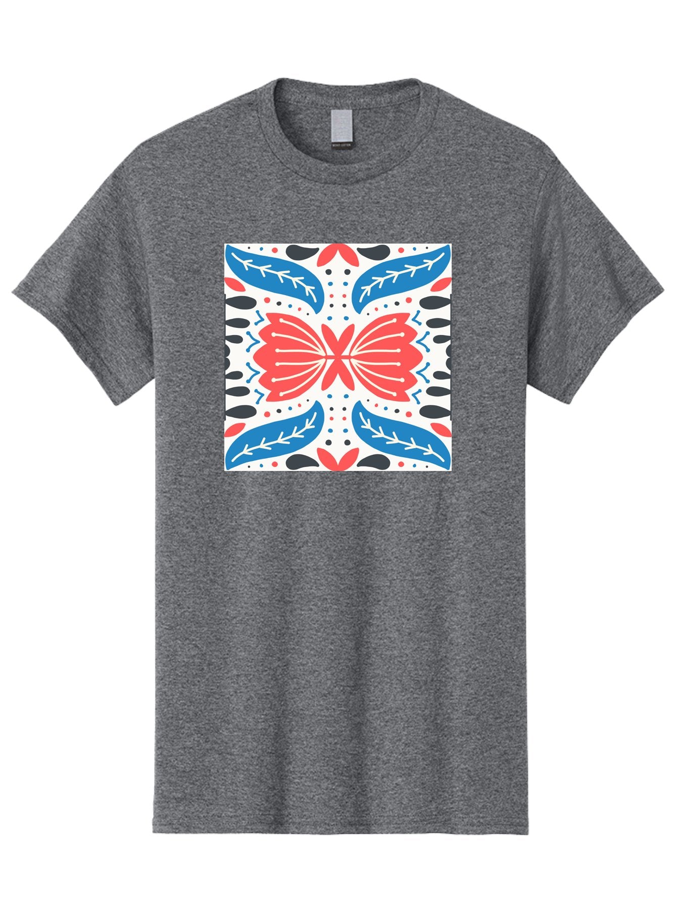 Butterfly-Pattern Men'S Graphic Tee, 100% Cotton, Comfortable Casual Summer Wear, Machine Washable, Butterfly, Floral Pattern, Red And Blue, Abstract Design, Symmetrical Shape, Graphic Illustration, Folk Art, Decorative Elements, Leaf Shapes Aab675