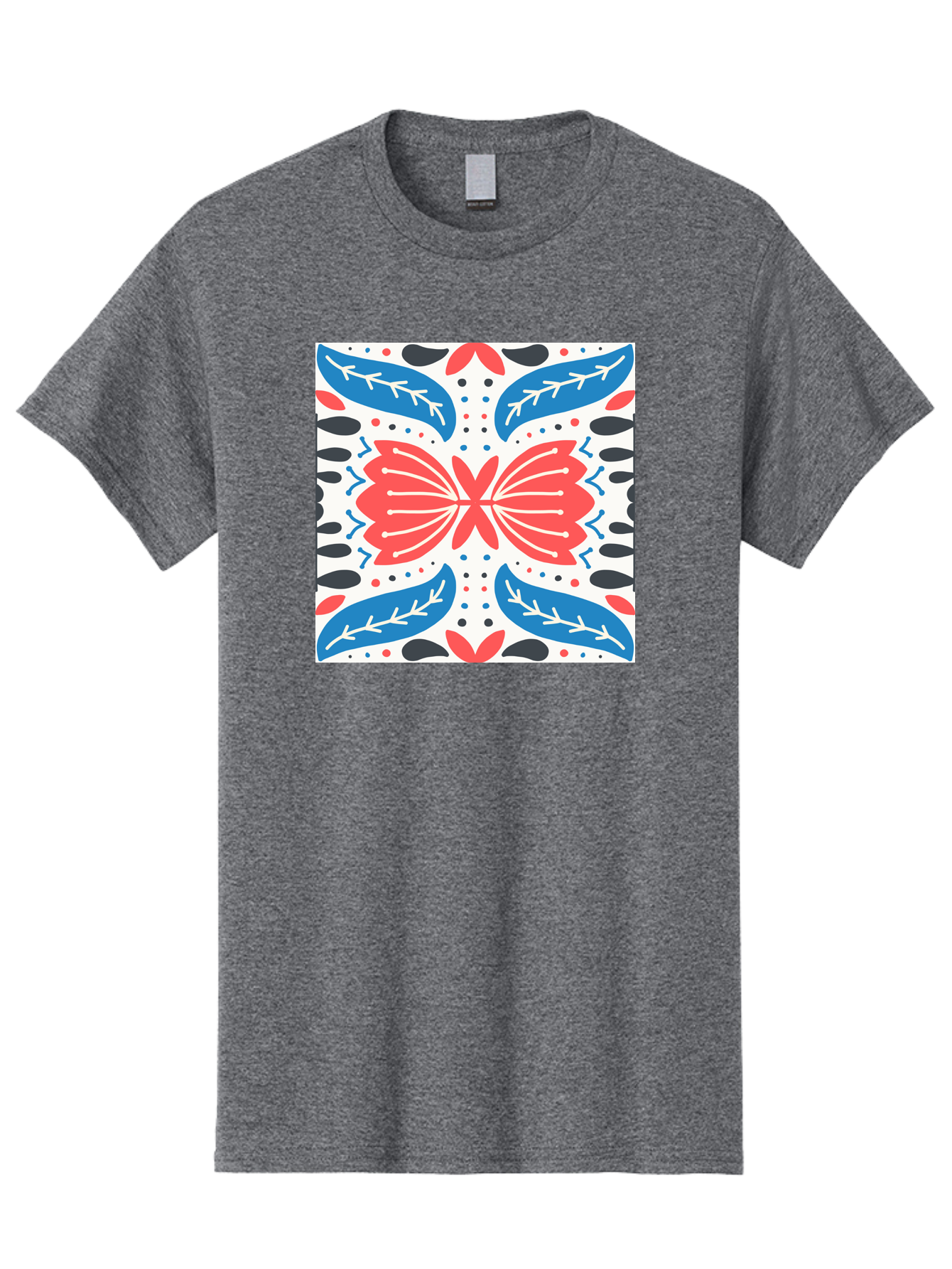 Butterfly-Pattern Men'S Graphic Tee, 100% Cotton, Comfortable Casual Summer Wear, Machine Washable, Butterfly, Floral Pattern, Red And Blue, Abstract Design, Symmetrical Shape, Graphic Illustration, Folk Art, Decorative Elements, Leaf Shapes Aab675 21
