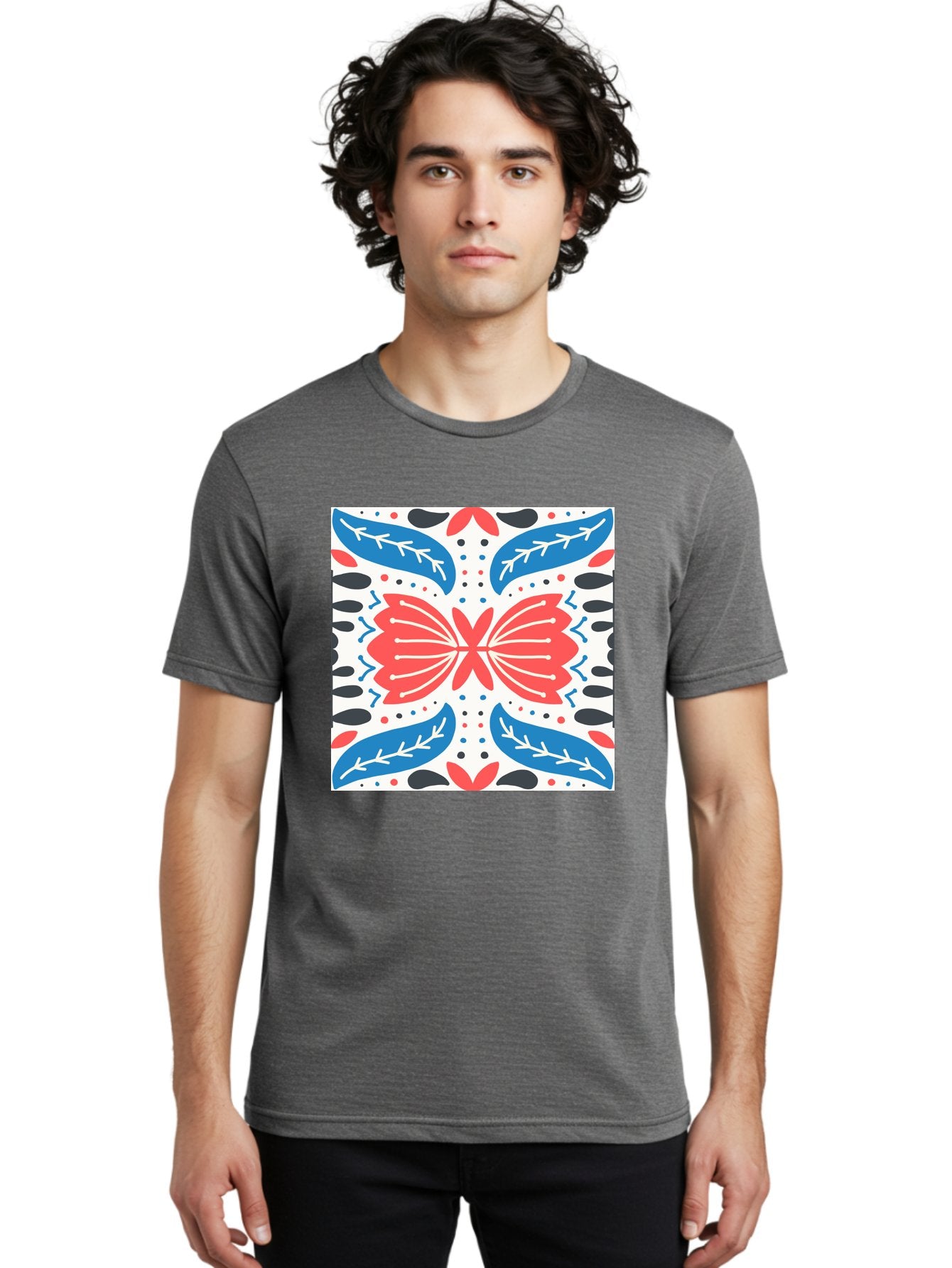 Butterfly-Pattern Men'S Graphic Tee, 100% Cotton, Comfortable Casual Summer Wear, Machine Washable, Butterfly, Floral Pattern, Red And Blue, Abstract Design, Symmetrical Shape, Graphic Illustration, Folk Art, Decorative Elements, Leaf Shapes Aab675 19