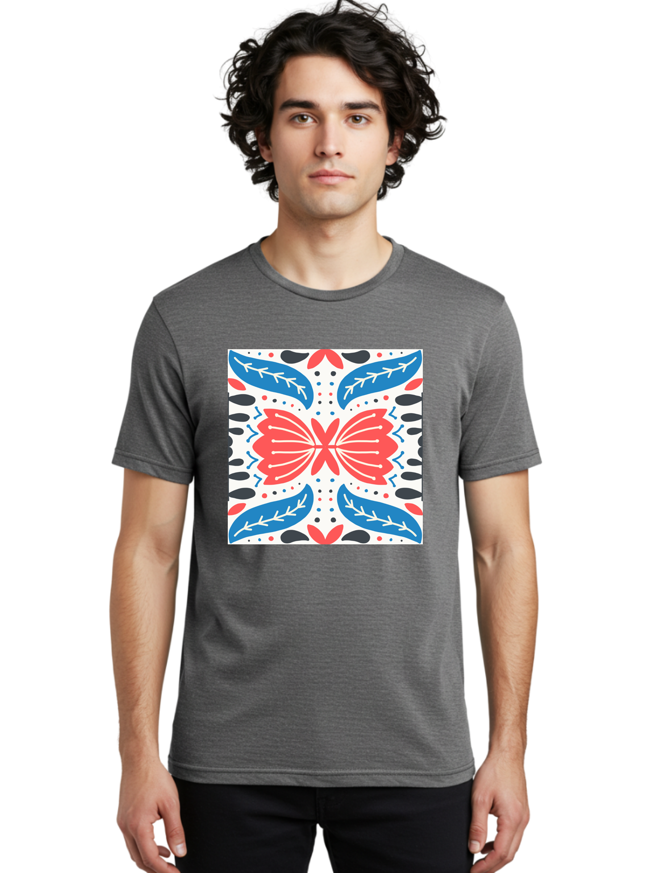 Butterfly-Pattern Men'S Graphic Tee, 100% Cotton, Comfortable Casual Summer Wear, Machine Washable, Butterfly, Floral Pattern, Red And Blue, Abstract Design, Symmetrical Shape, Graphic Illustration, Folk Art, Decorative Elements, Leaf Shapes Aab675 22